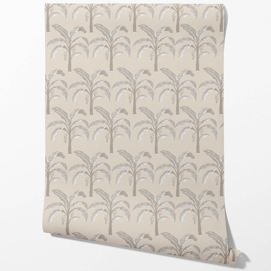 Floral/ Botanical Palm Trees Patterned Traditional Wallpaper (Palm Beige/ Gray/ Soft Taupe)