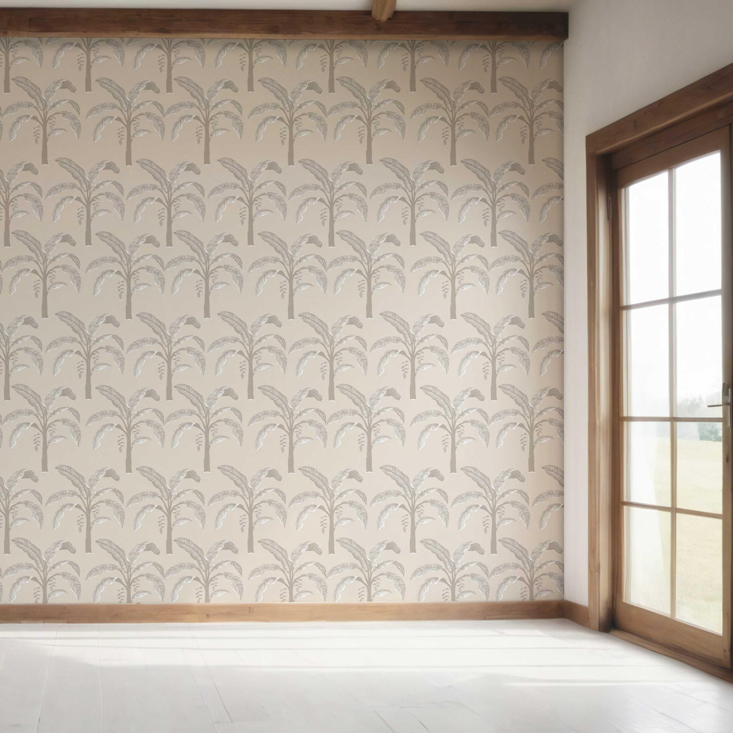 Floral/ Botanical Palm Trees Patterned Bedroom Wallpaper Sample (Palm Beige/ Gray/ Soft Taupe)