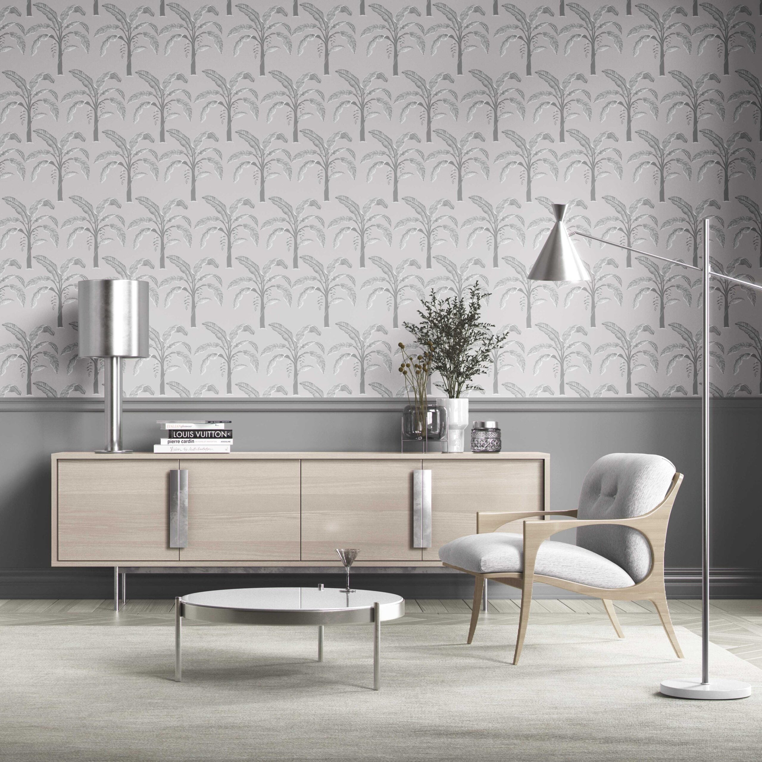 Floral/ Botanical Palm Trees Patterned Kitchen Wallpaper Sample (Gray)