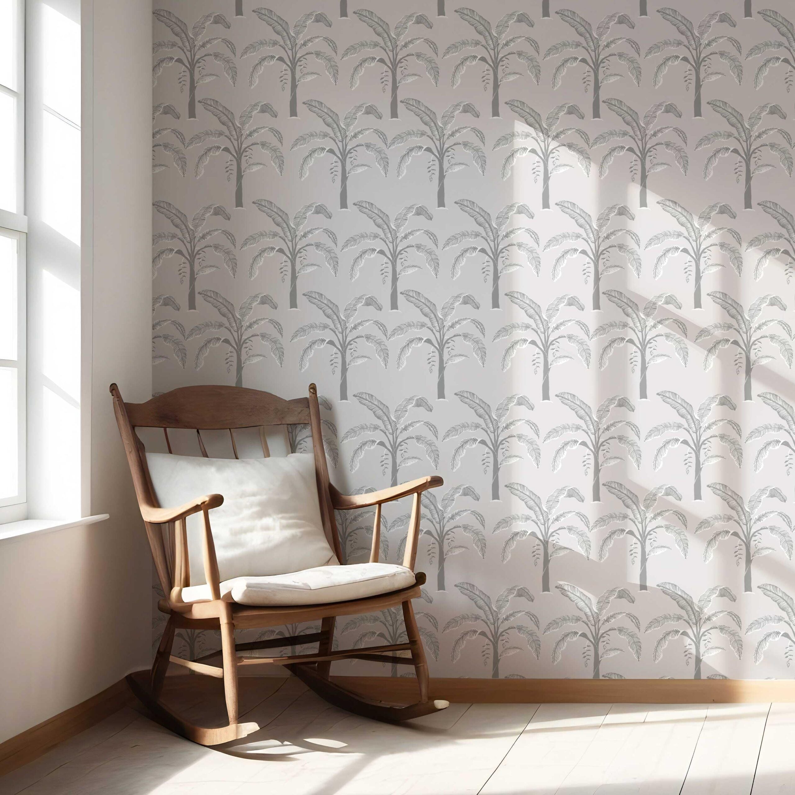 Floral/ Botanical Palm Trees Patterned Nursery Wallpaper Sample (Gray)