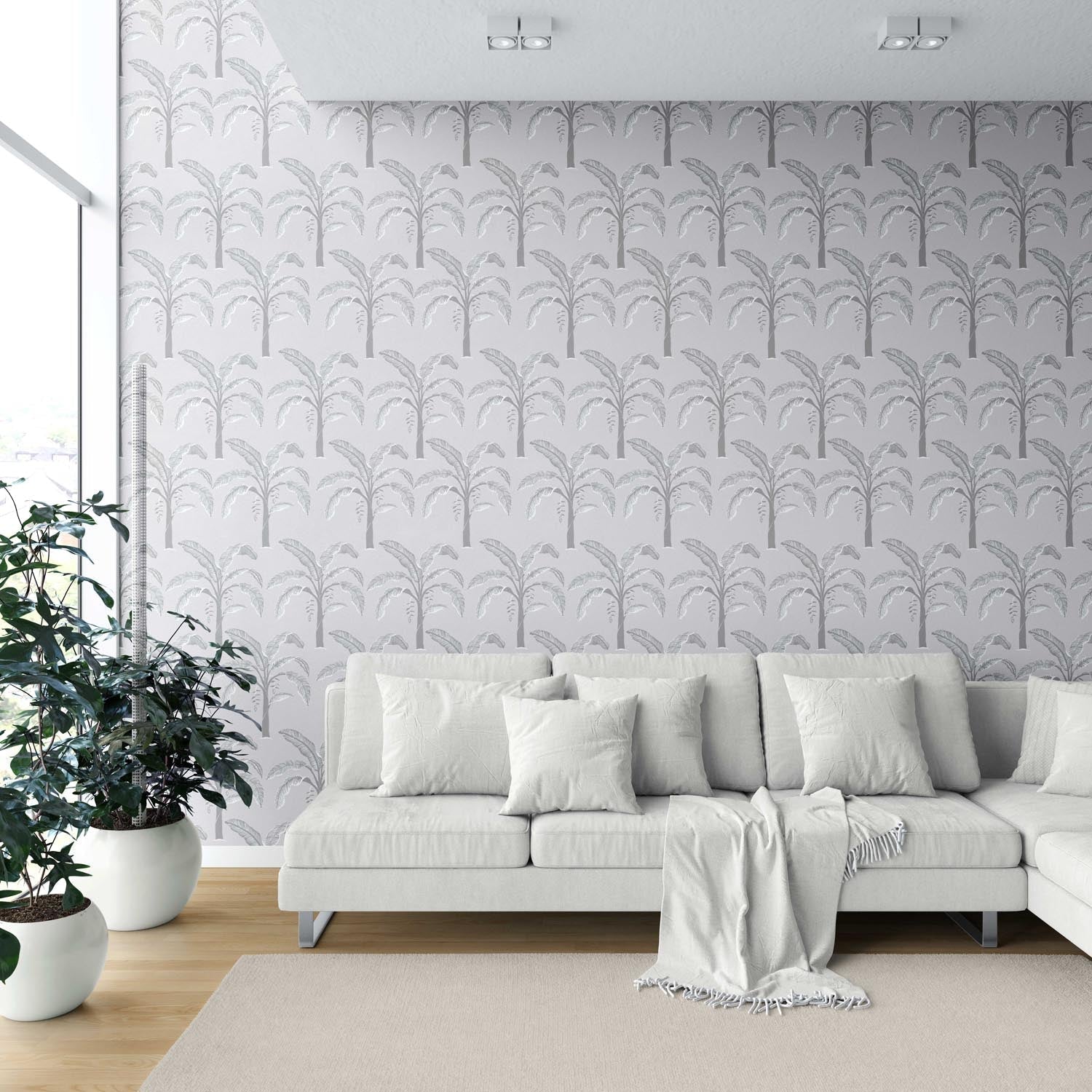 Floral/ Botanical Palm Trees Patterned Shower Toilet Wallpaper Sample (Gray)