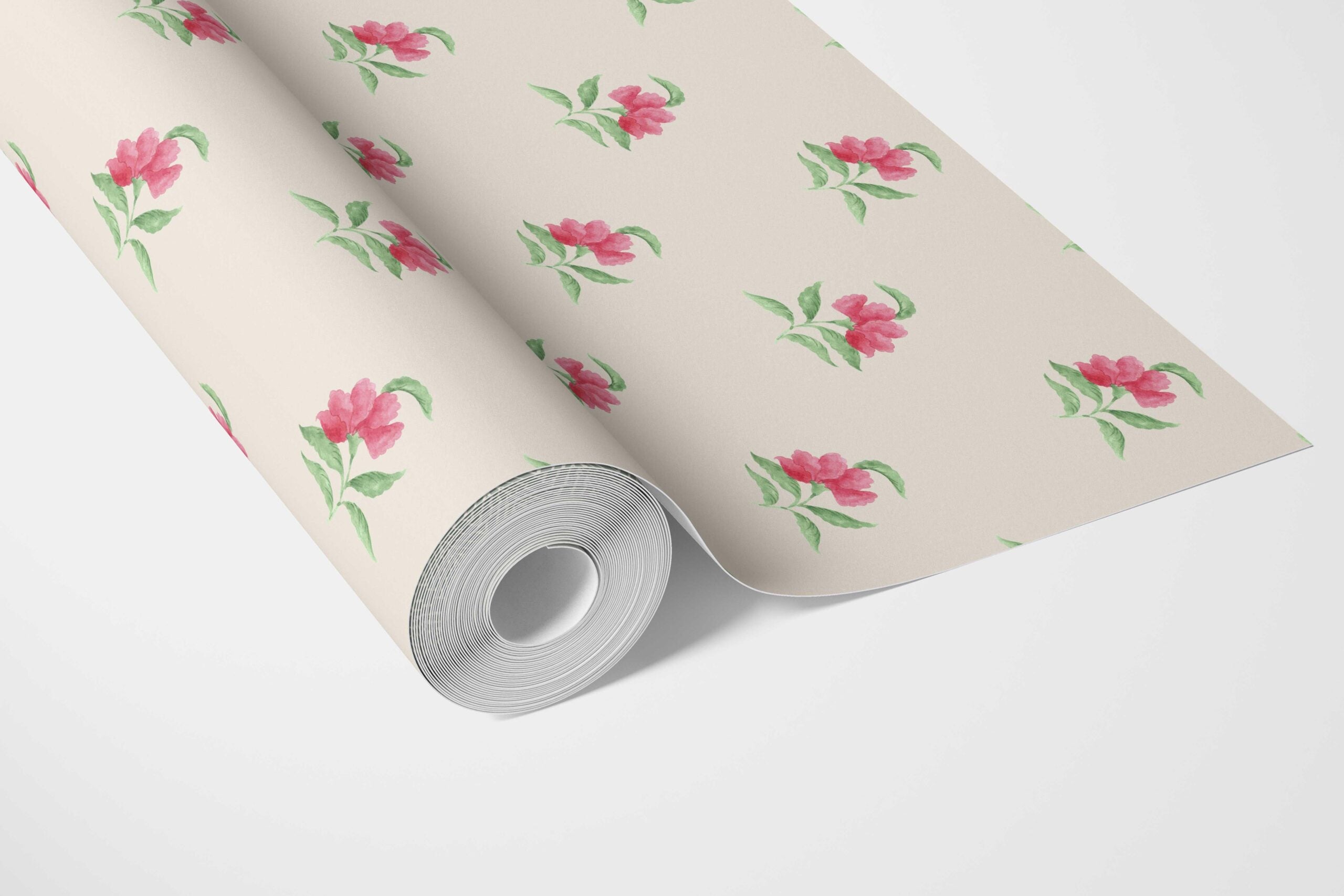 Vintage-Inspired Floral Block Print Kitchen Wallpaper Sample (Pink/ Green/ Beige)