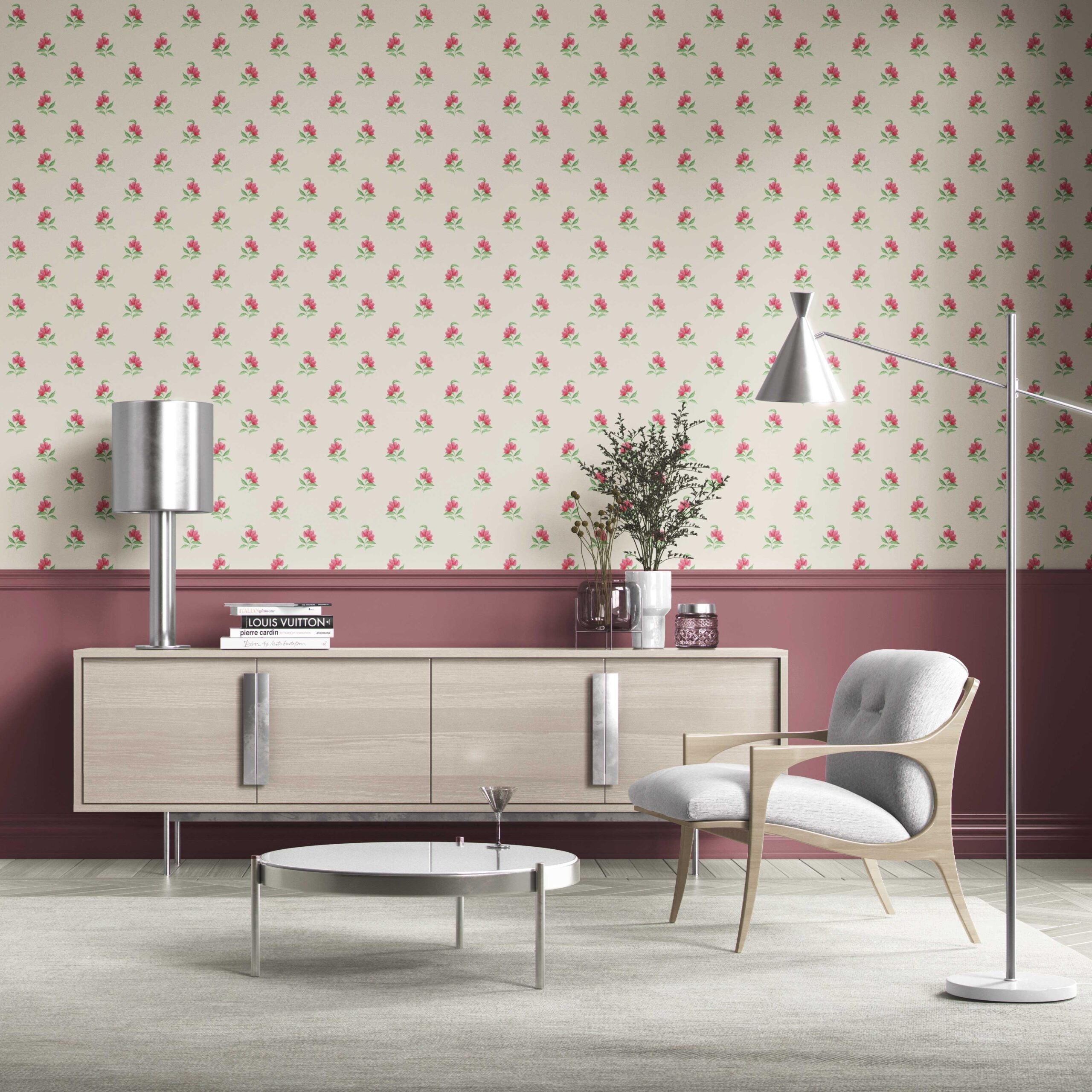 Vintage-Inspired Floral Block Print Bathroom Wallpaper Sample (Pink/ Green/ Beige)