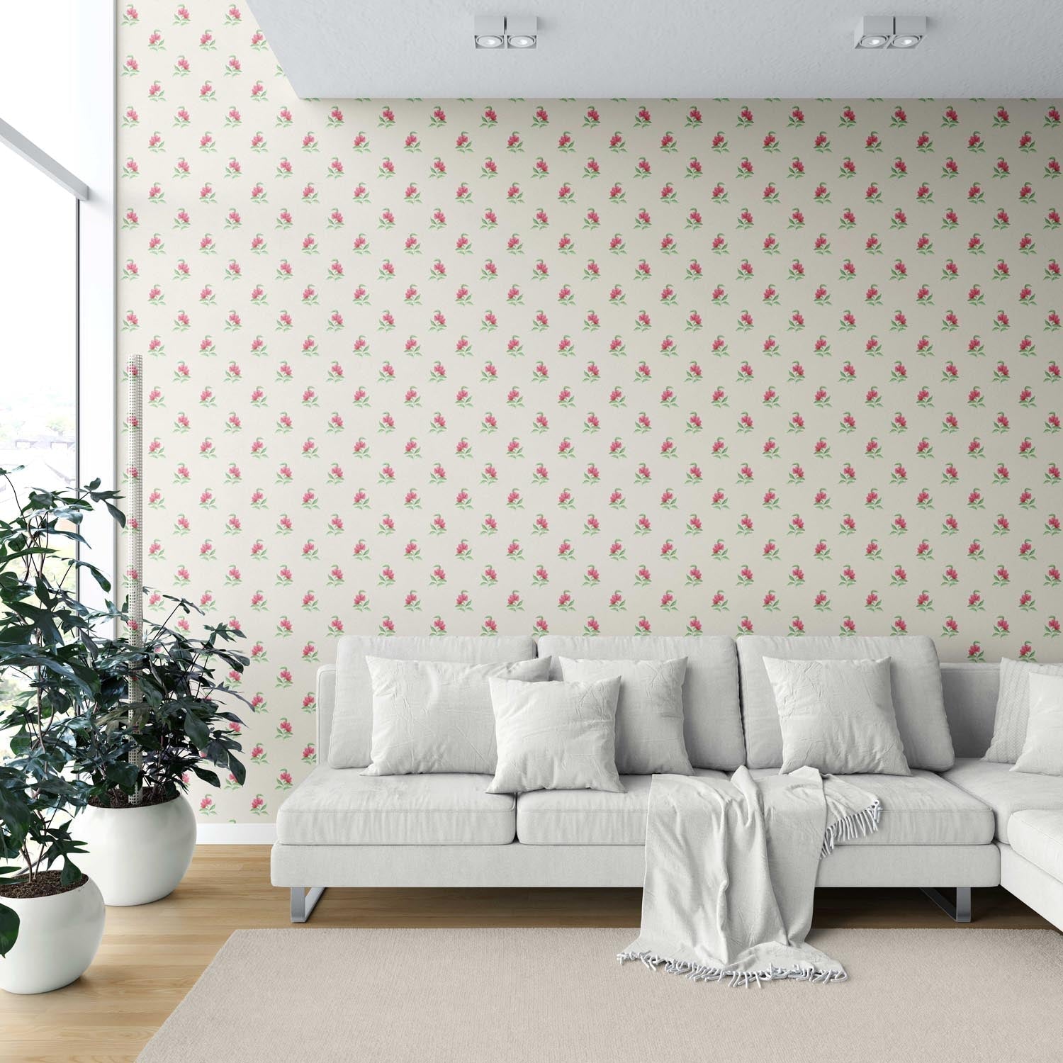 Vintage-Inspired Floral Block Print Shower Toilet Wallpaper Sample (Pink/ Green/ Beige)