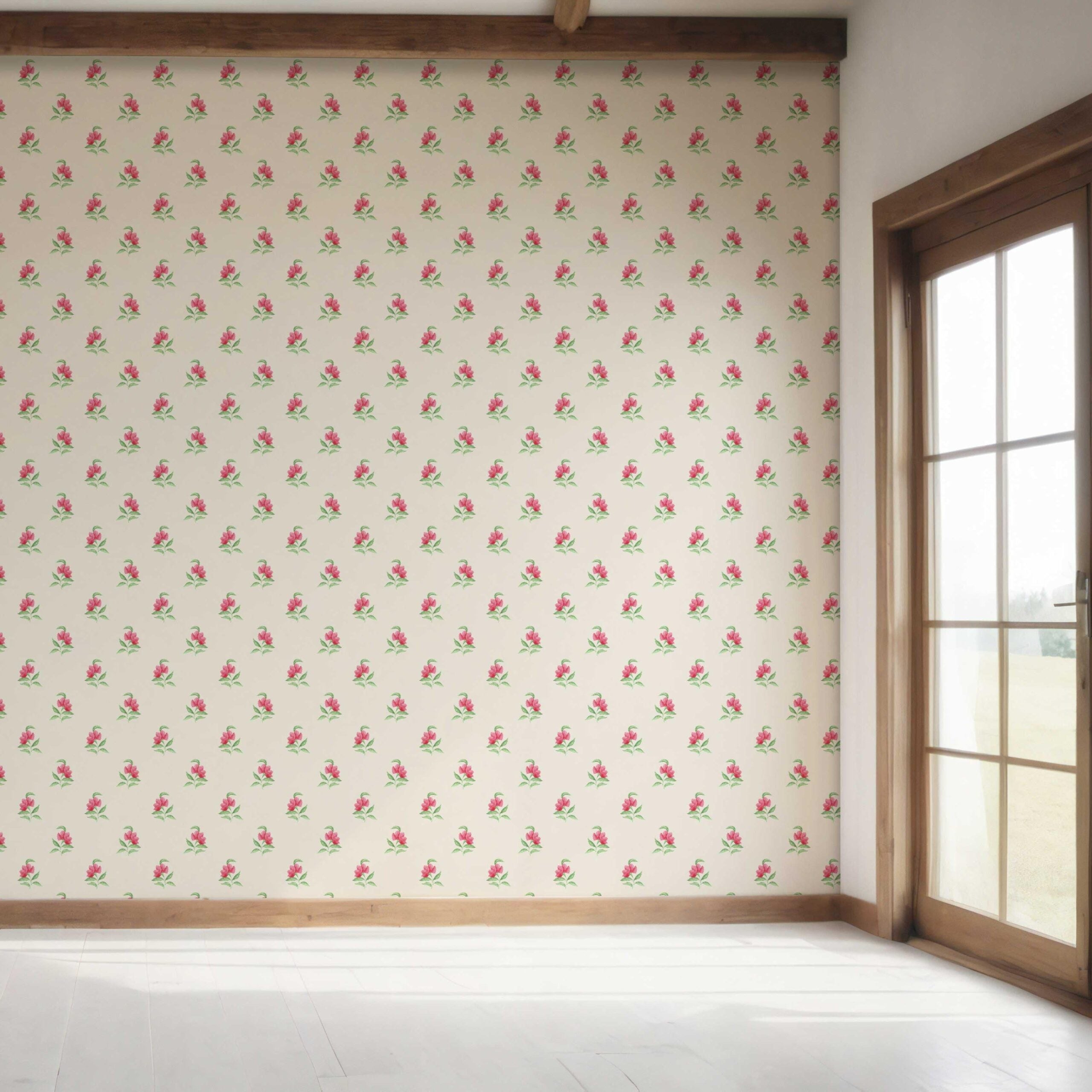 Vintage-Inspired Floral Block Print Bedroom Wallpaper (Pink/ Green/ Beige)