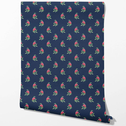 Vintage-Inspired Floral Block Print Traditional Wallpaper (Navy Blue/ Pink/ Green)