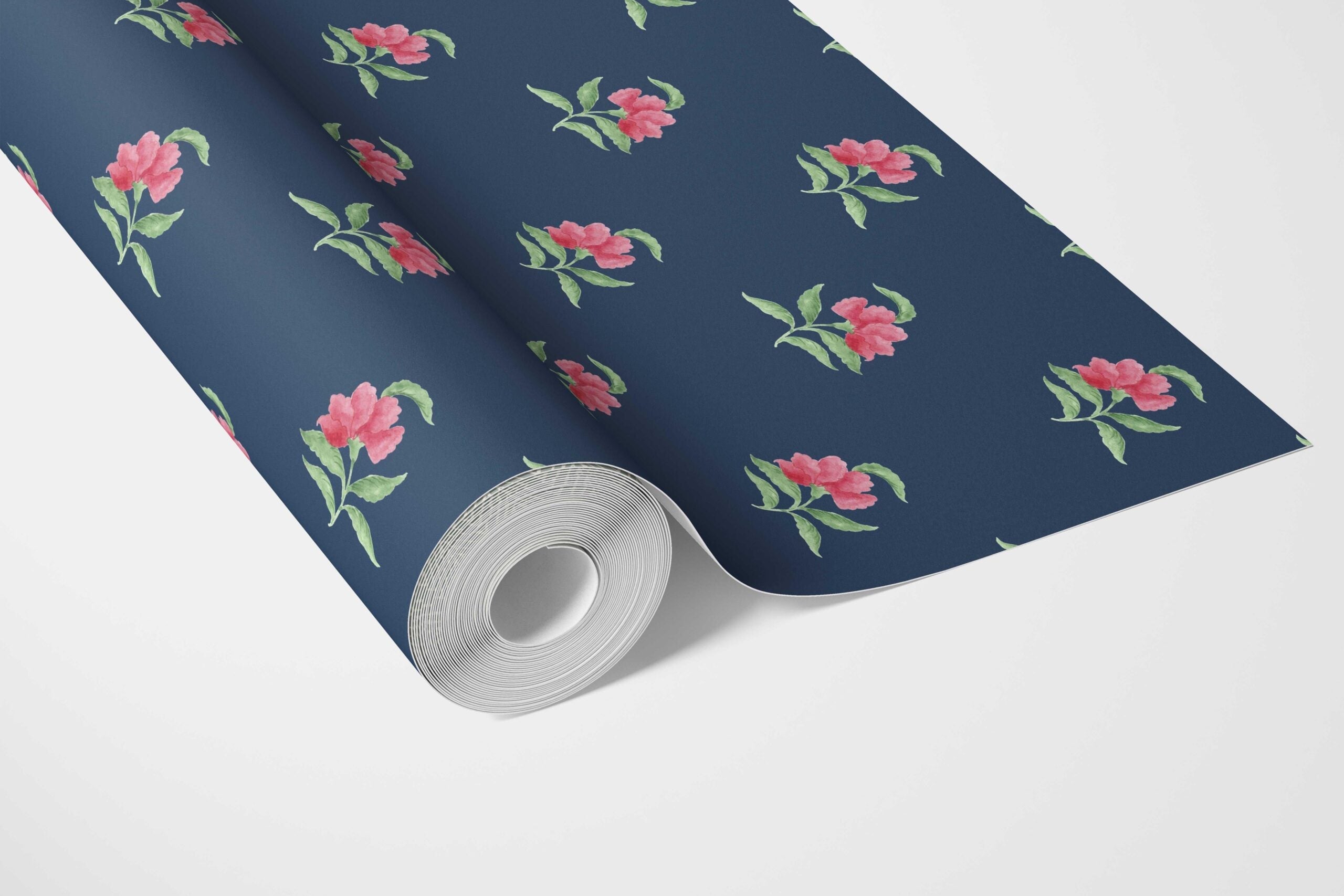 Vintage-Inspired Floral Block Print Kitchen Wallpaper Sample (Navy Blue/ Pink/ Green)