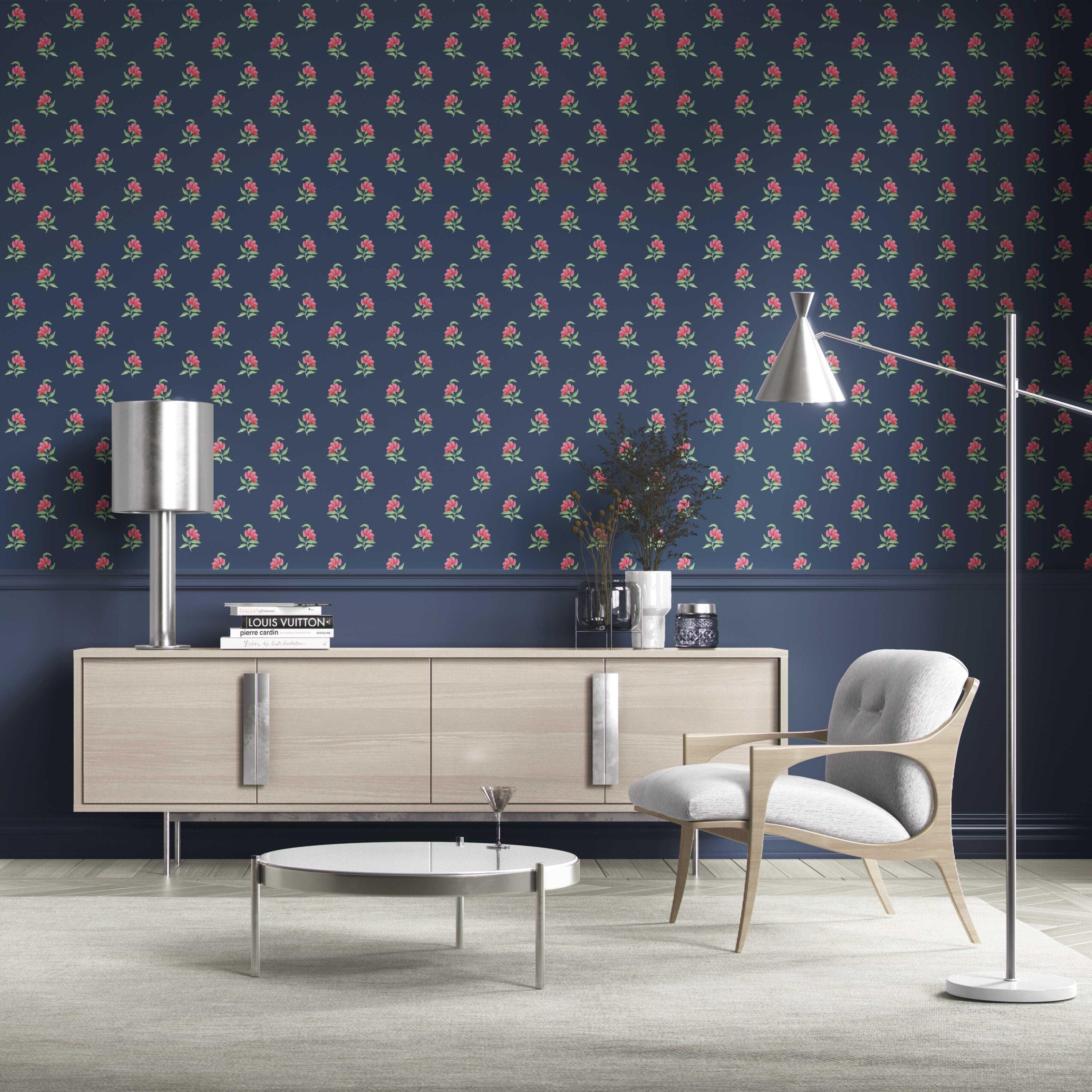 Vintage-Inspired Floral Block Print Bathroom Wallpaper Sample (Navy Blue/ Pink/ Green)