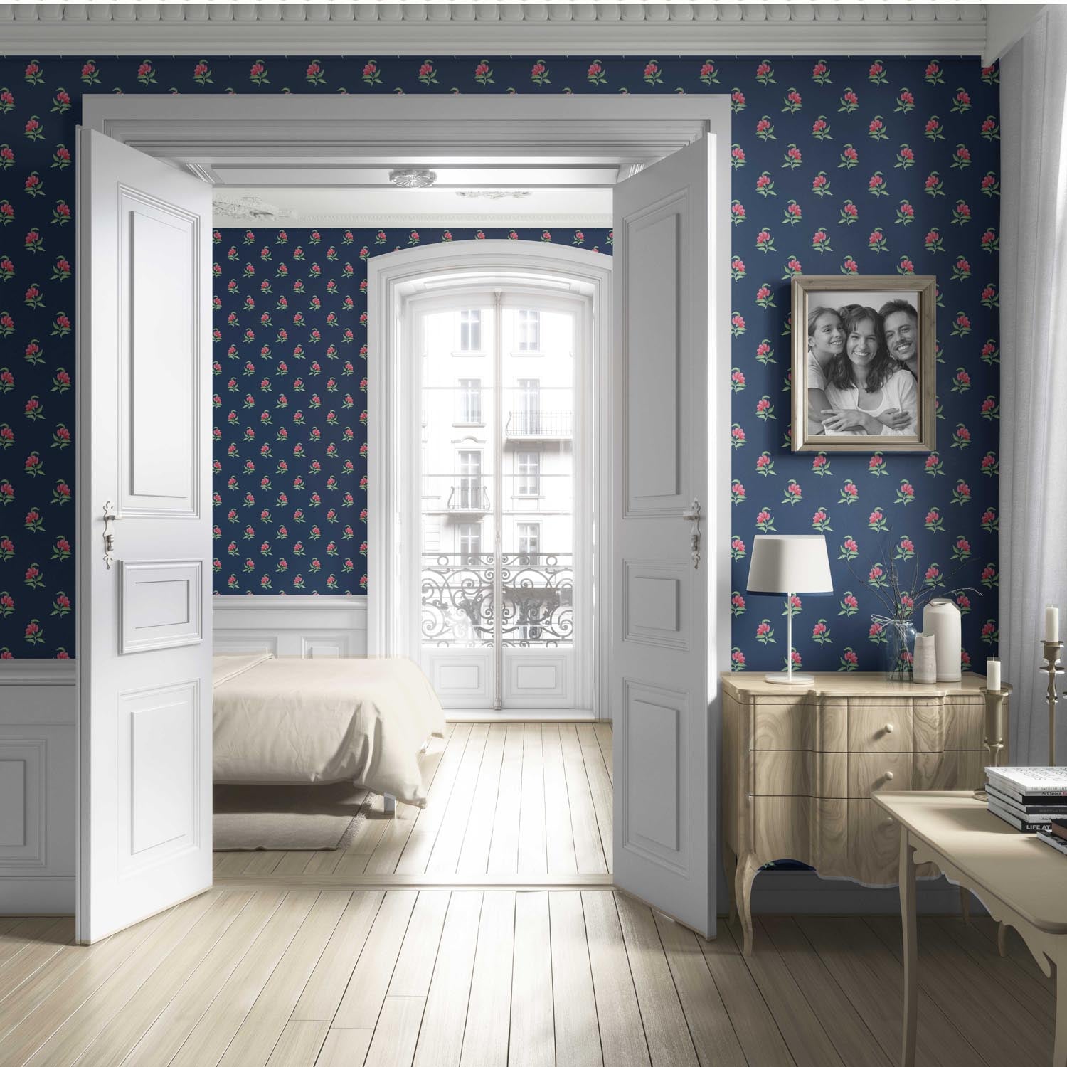 Vintage-Inspired Floral Block Print Living Room Wallpaper Sample (Navy Blue/ Pink/ Green)