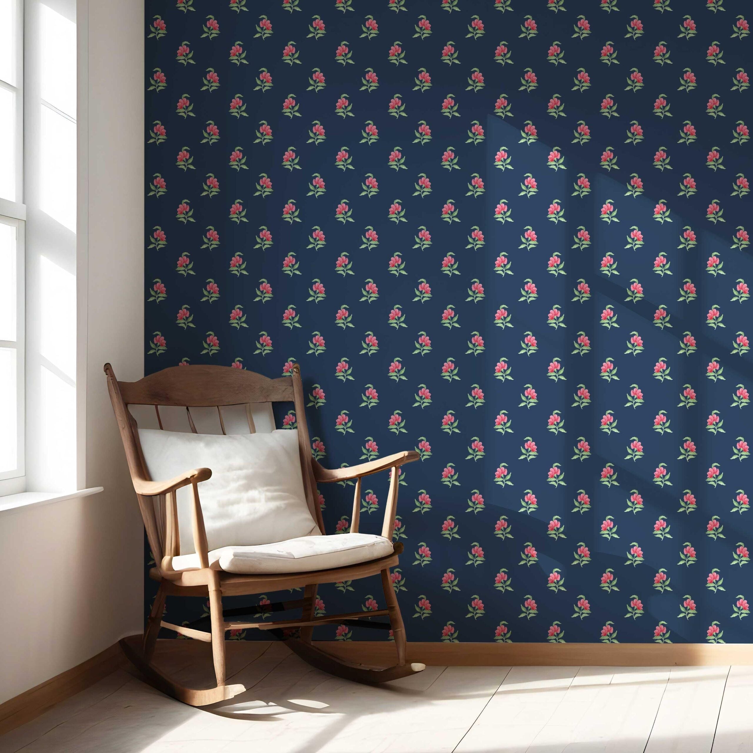 Vintage-Inspired Floral Block Print Nursery Wallpaper Sample (Navy Blue/ Pink/ Green)