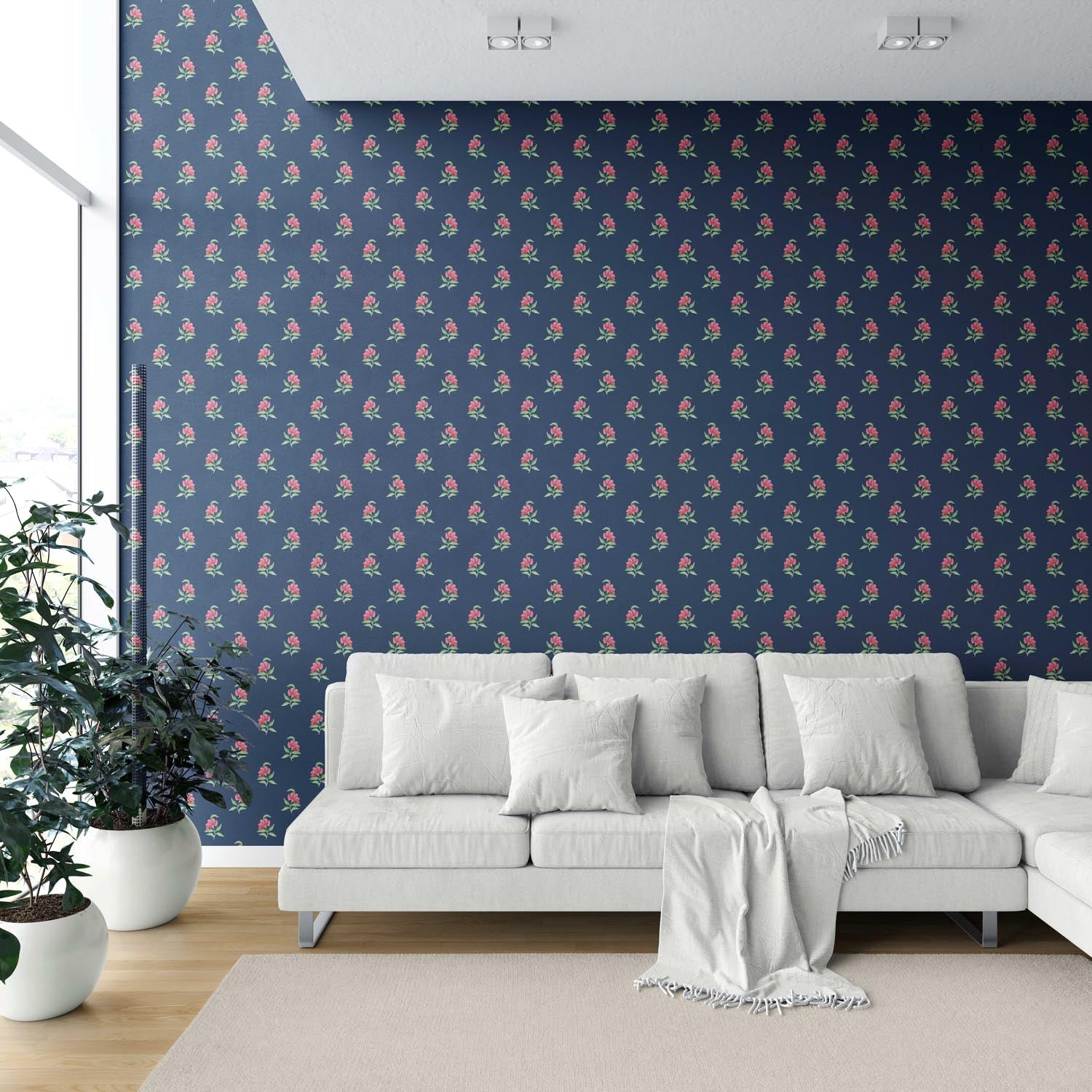 Vintage-Inspired Floral Block Print Shower Toilet Wallpaper (Navy Blue/ Pink/ Green)