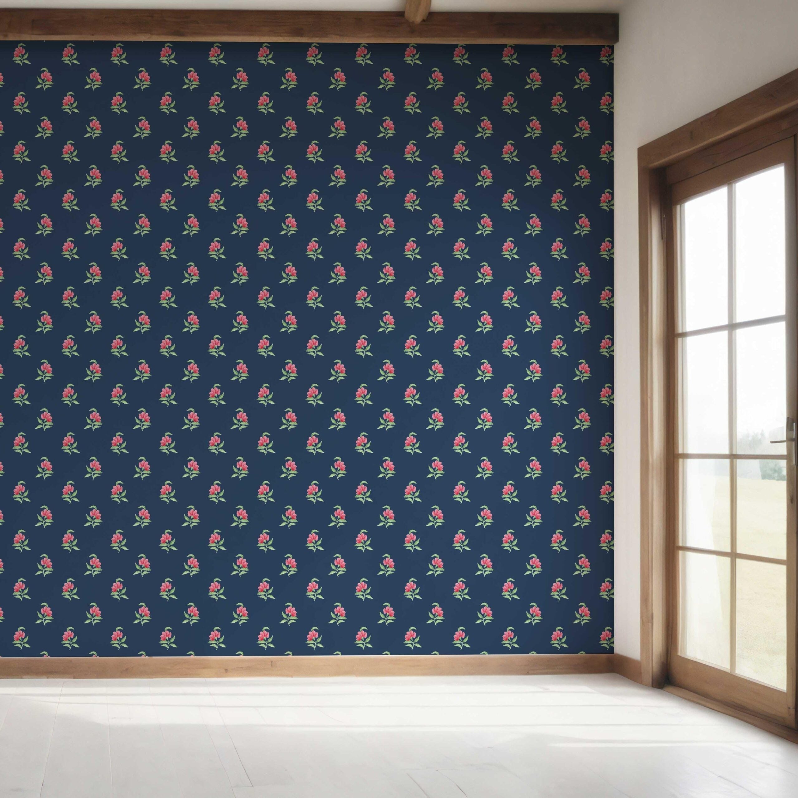 Vintage-Inspired Floral Block Print Bedroom Wallpaper Sample (Navy Blue/ Pink/ Green)