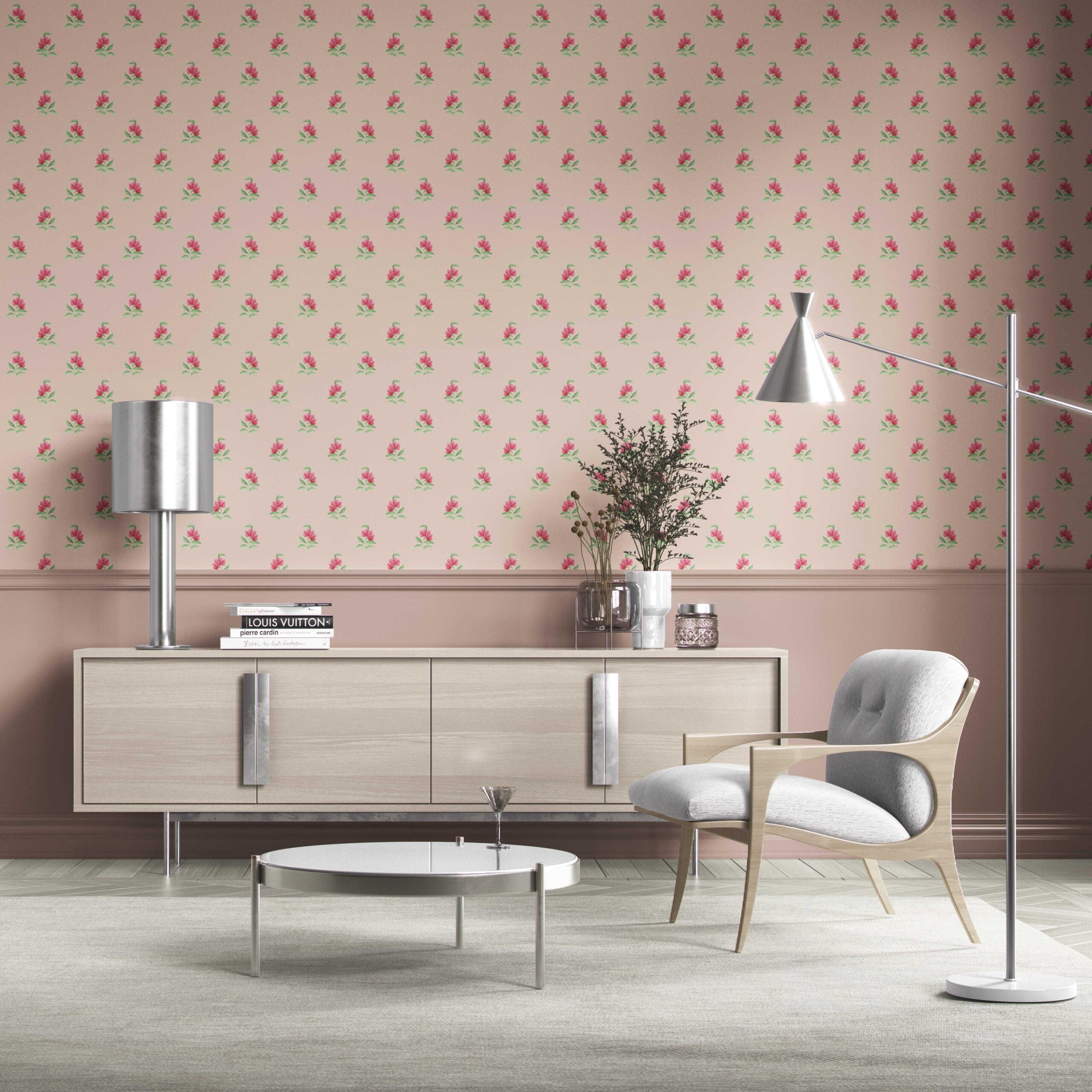 Vintage-Inspired Floral Block Print Bathroom Wallpaper Sample (Pink/ Green)