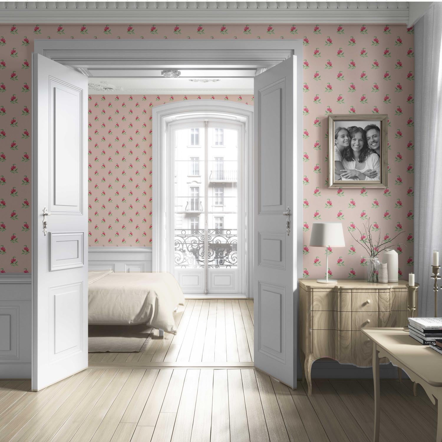 Vintage-Inspired Floral Block Print Living Room Wallpaper Sample (Pink/ Green)
