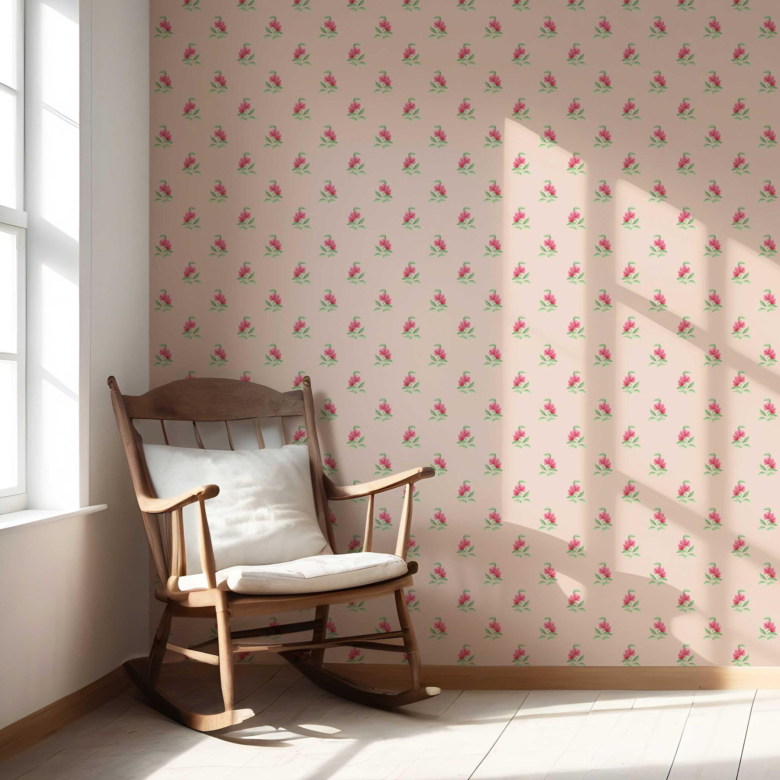 Vintage-Inspired Floral Block Print Nursery Wallpaper (Pink/ Green)