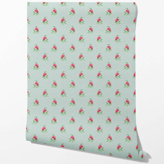 Vintage-Inspired Floral Block Print Traditional Wallpaper (Blue/ Pink/ Green)