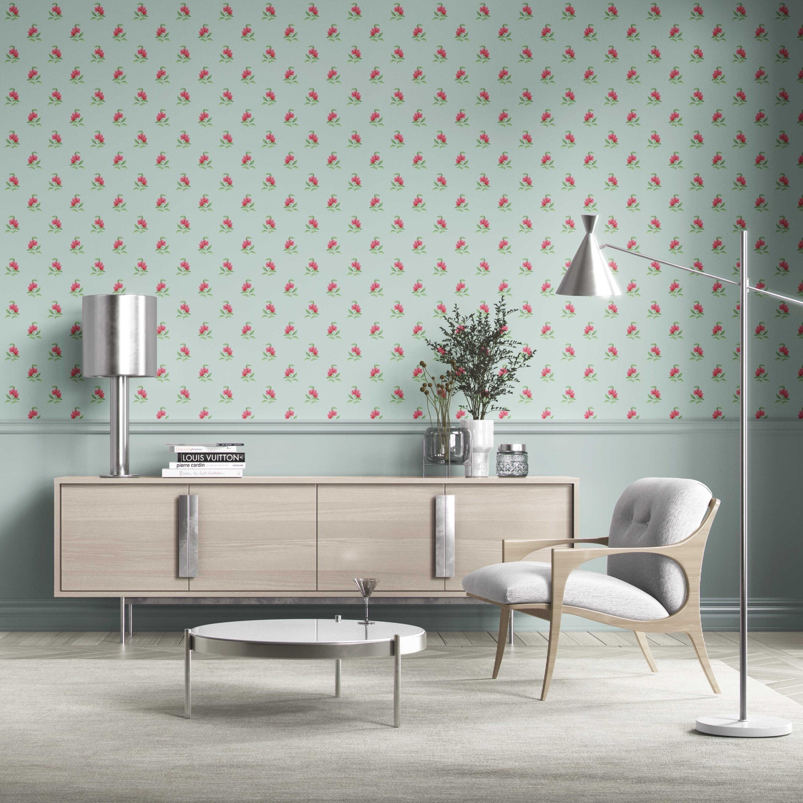 Vintage-Inspired Floral Block Print Bathroom Wallpaper Sample (Blue/ Pink/ Green)