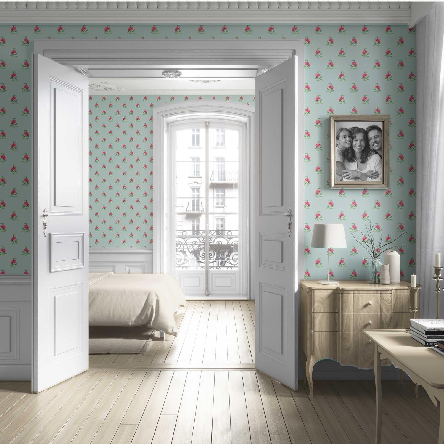 Vintage-Inspired Floral Block Print Living Room Wallpaper Sample (Blue/ Pink/ Green)