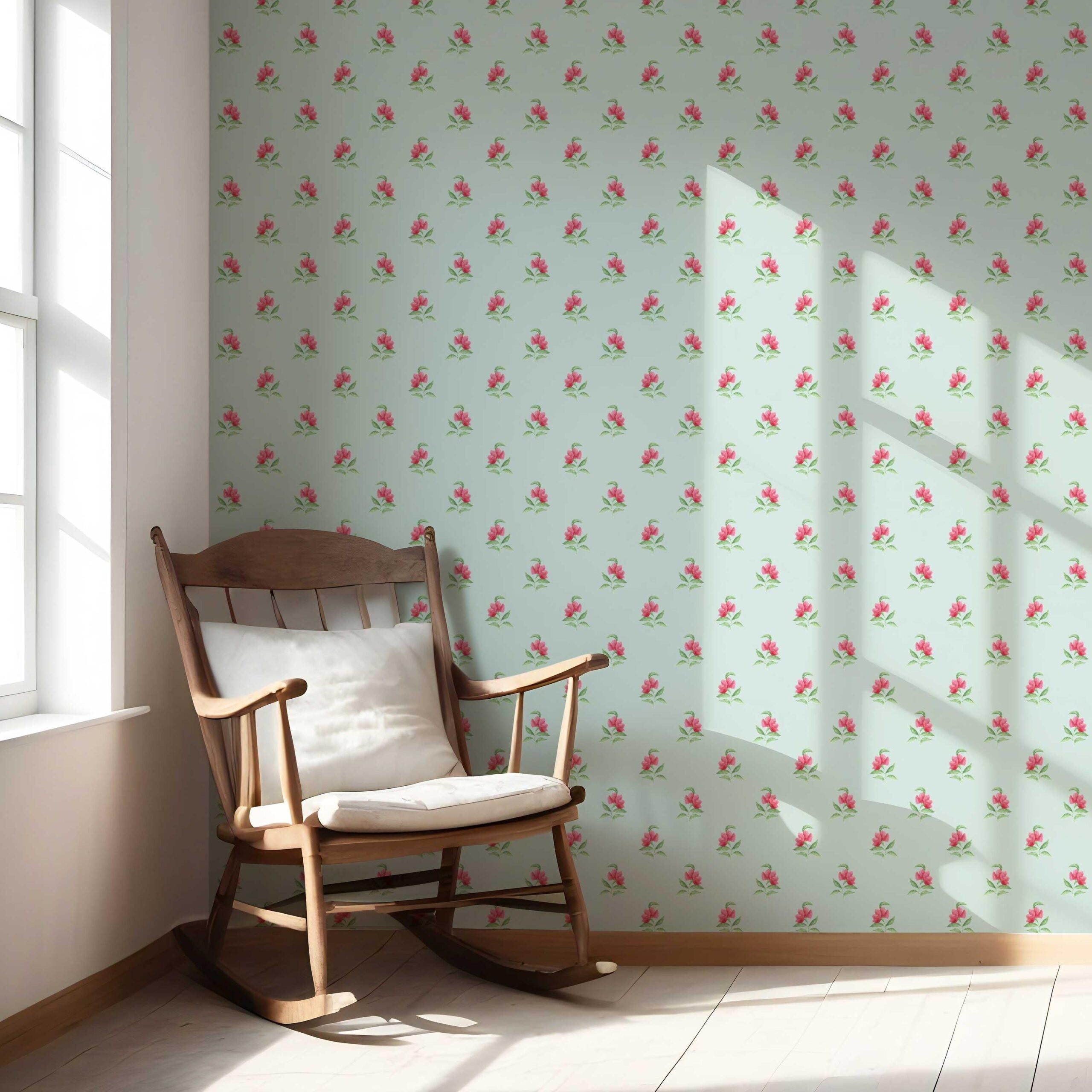 Vintage-Inspired Floral Block Print Nursery Wallpaper (Blue/ Pink/ Green)