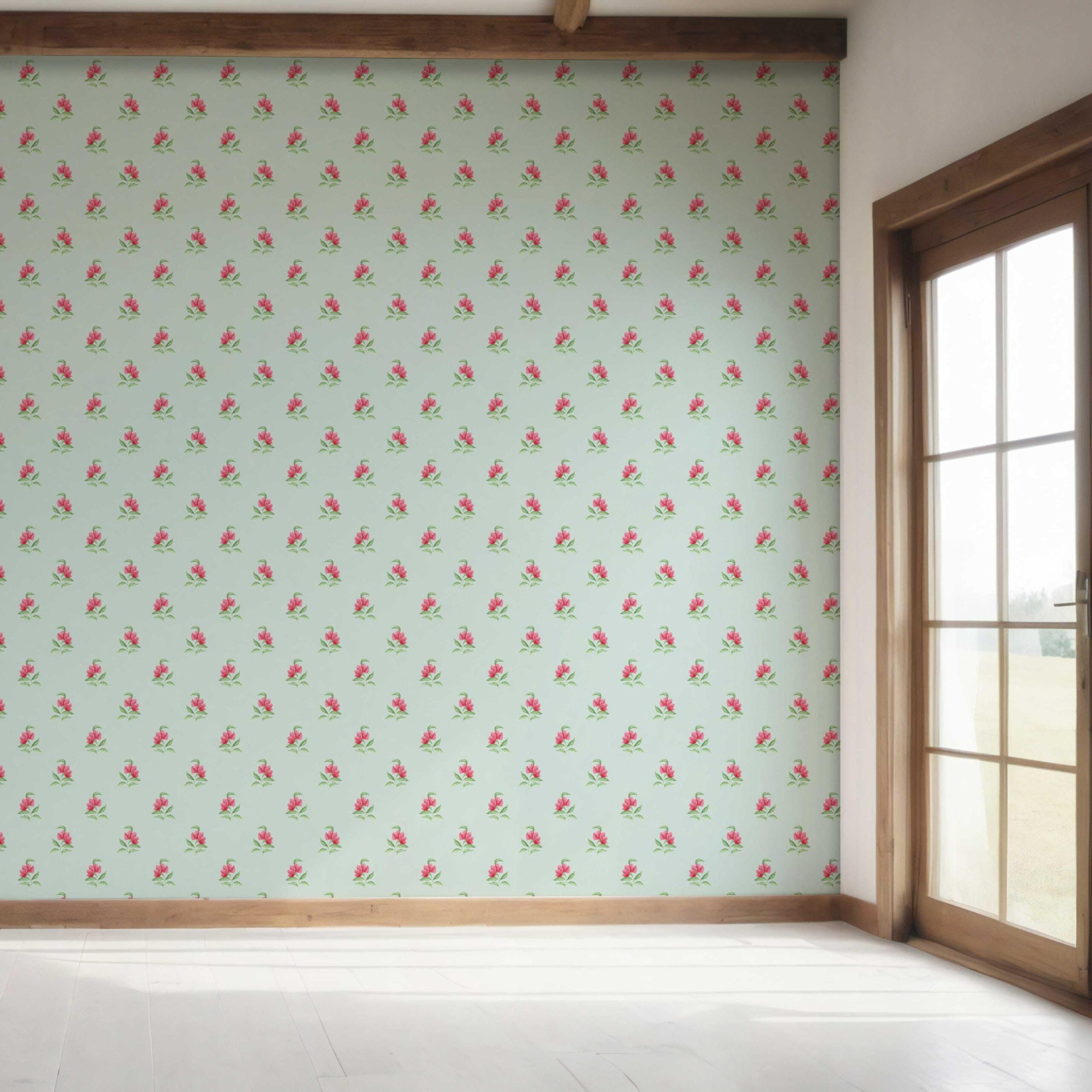 Vintage-Inspired Floral Block Print Bedroom Wallpaper Sample (Blue/ Pink/ Green)