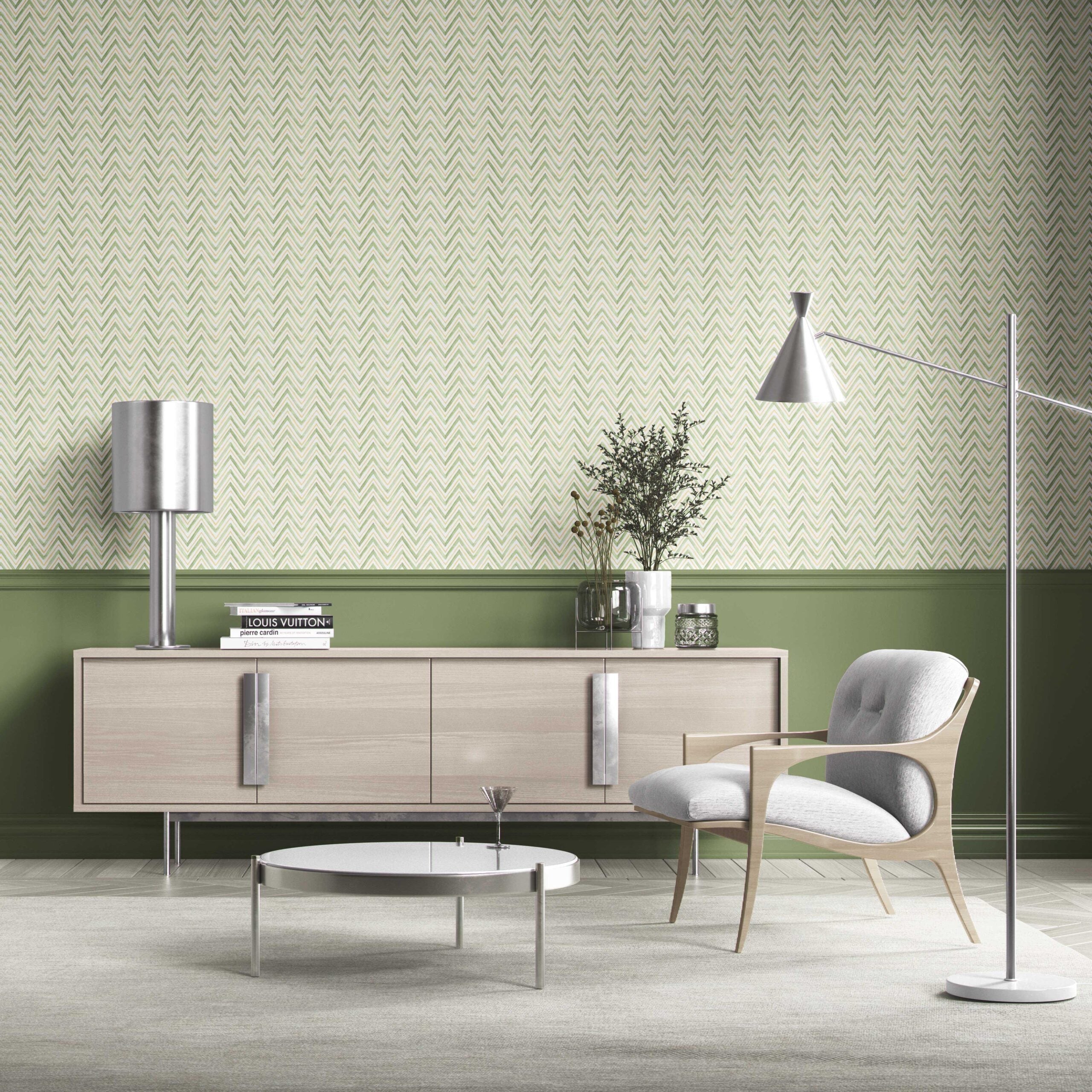 Geometric Zigzag/ Chevron Bathroom Wallpaper Sample (Green/ Yellow)