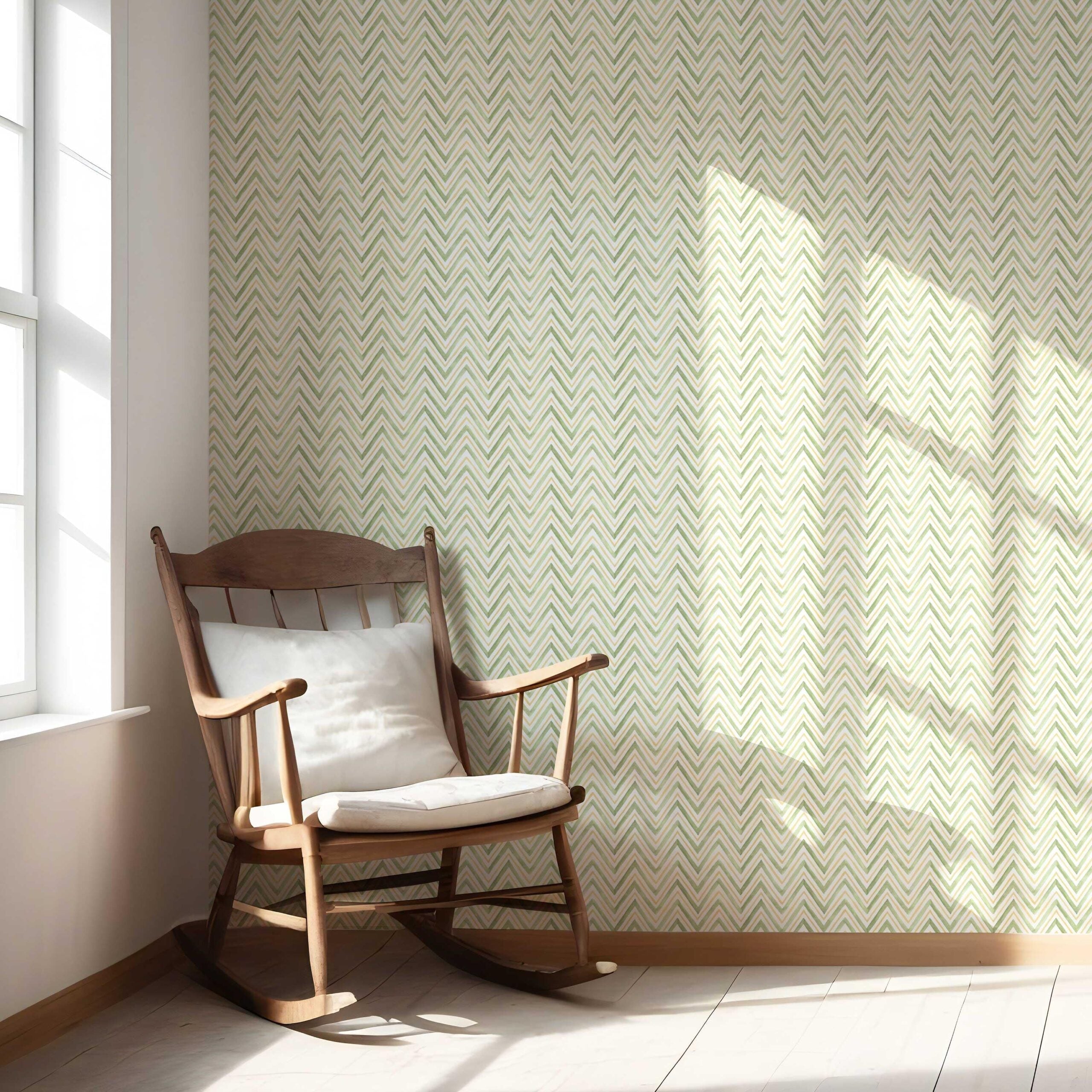 Geometric Zigzag/ Chevron Nursery Wallpaper Sample (Green/ Yellow)