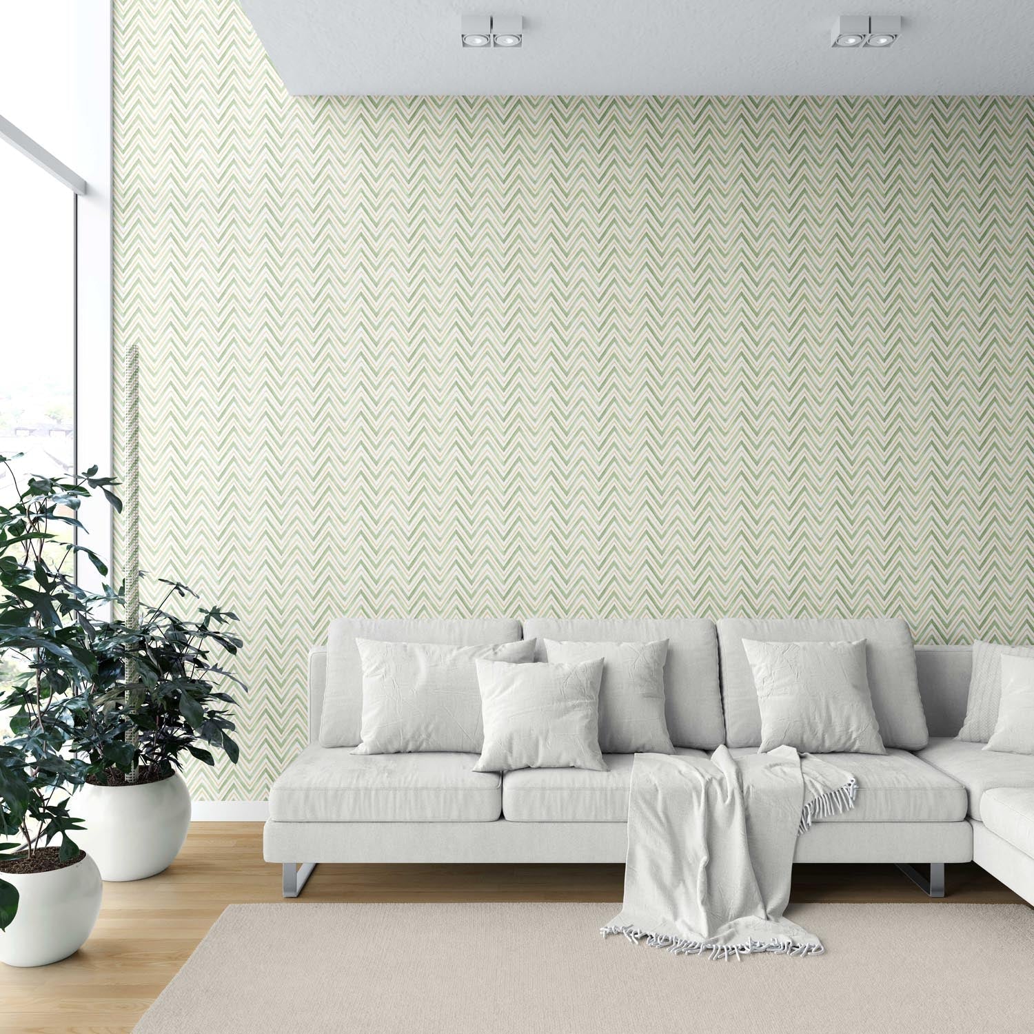 Geometric Zigzag/ Chevron Shower Toilet Wallpaper Sample (Green/ Yellow)