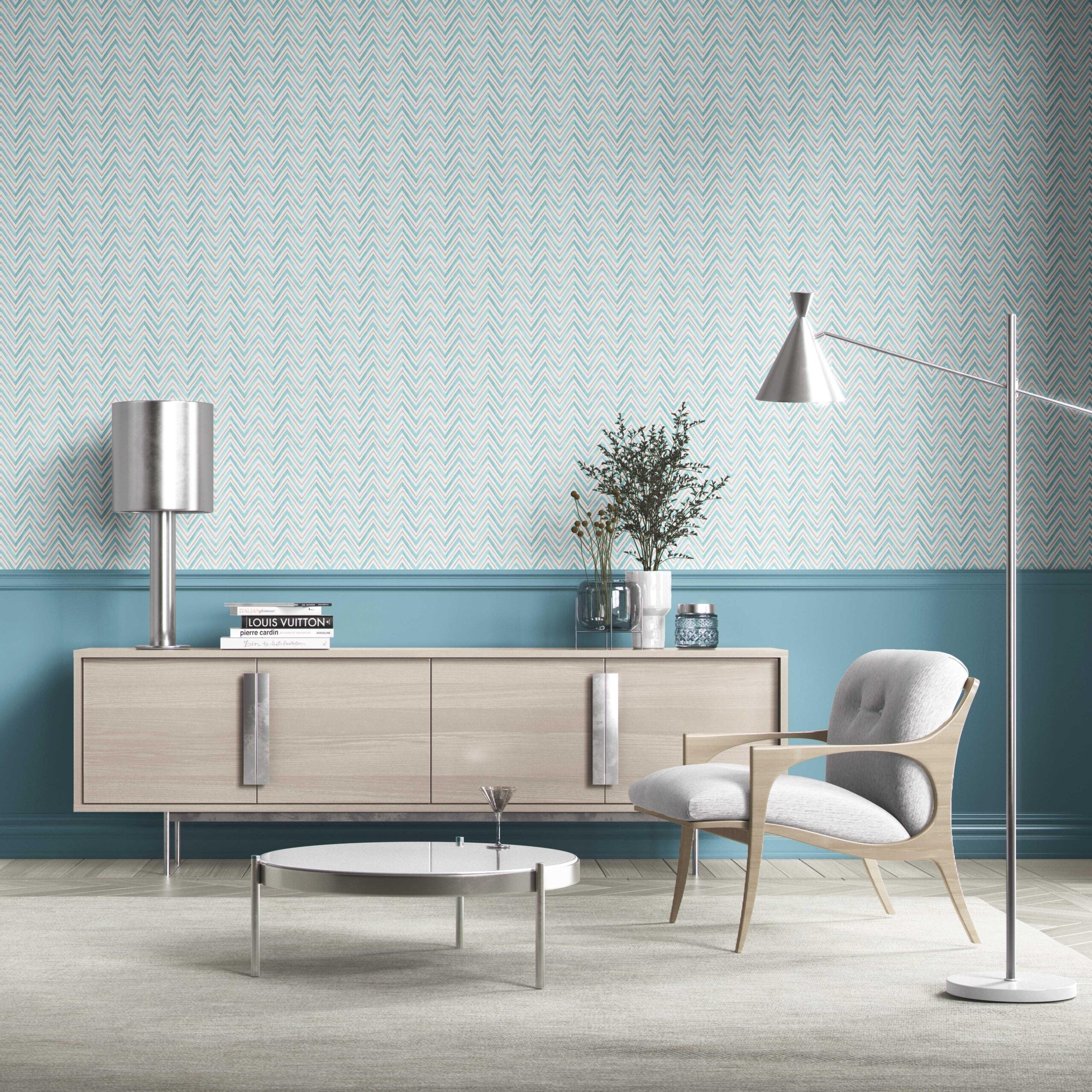 Geometric Zigzag/ Chevron Bathroom Wallpaper Sample (Blue)