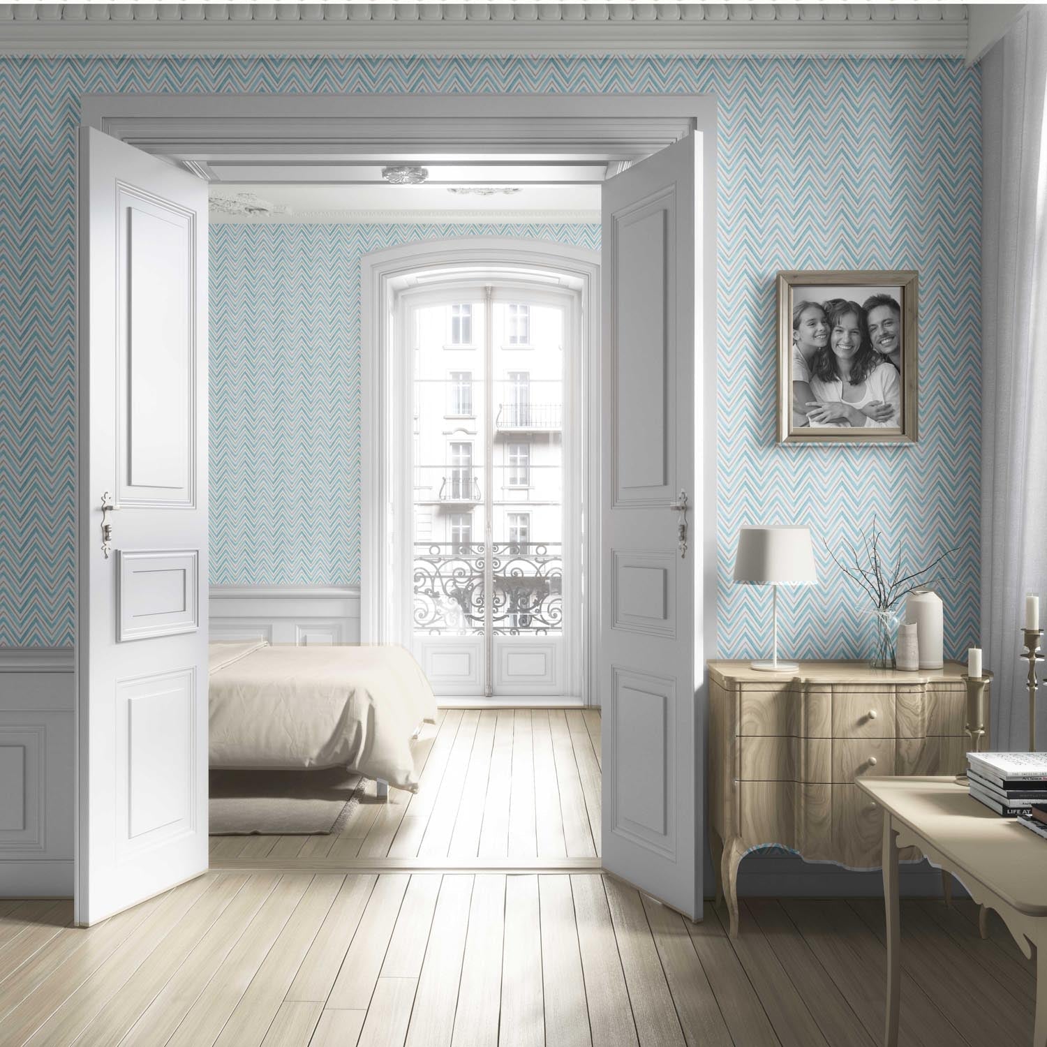 Geometric Zigzag/ Chevron Living Room Wallpaper Sample (Blue)