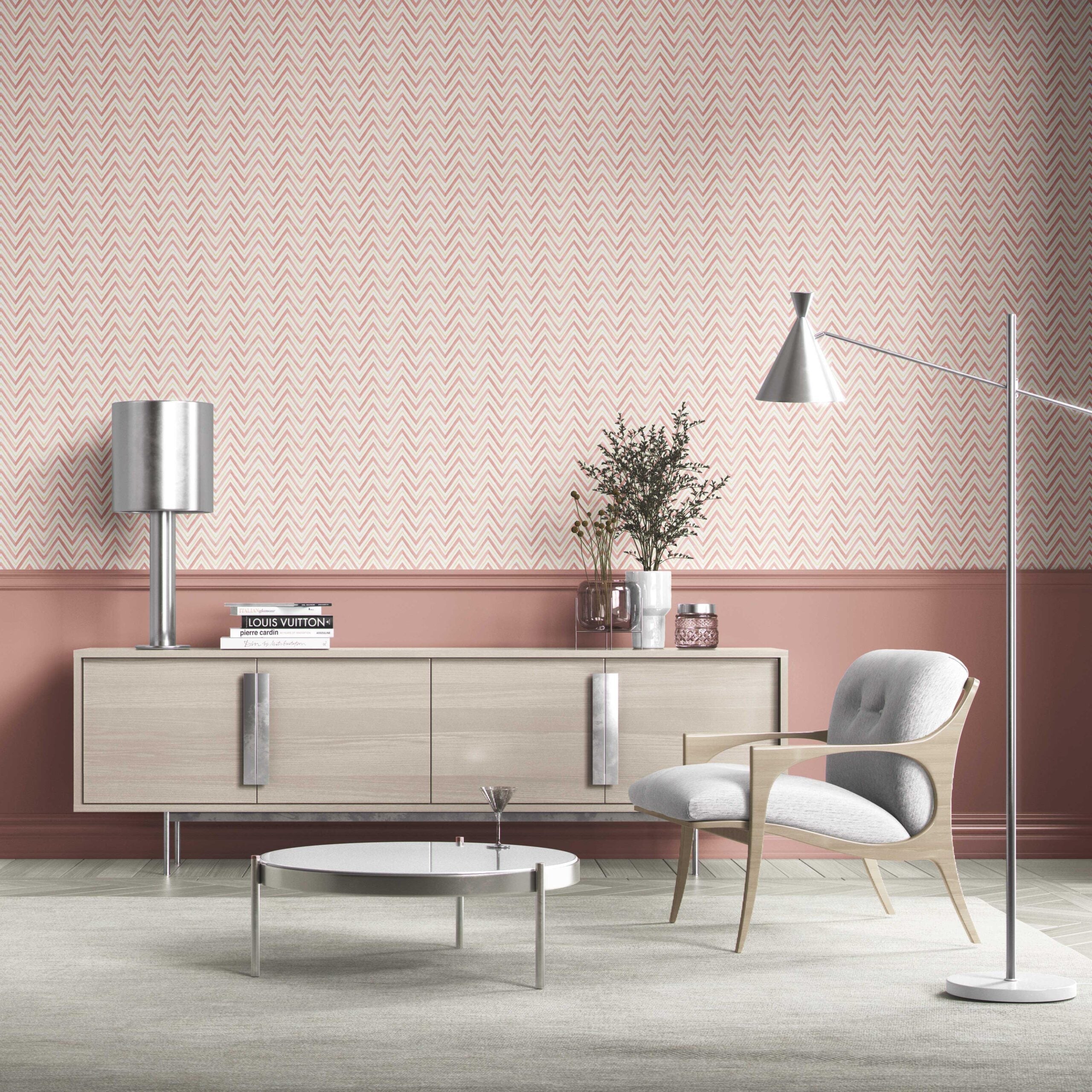 Geometric Zigzag/ Chevron Bathroom Wallpaper Sample (Pink/ Yellow)