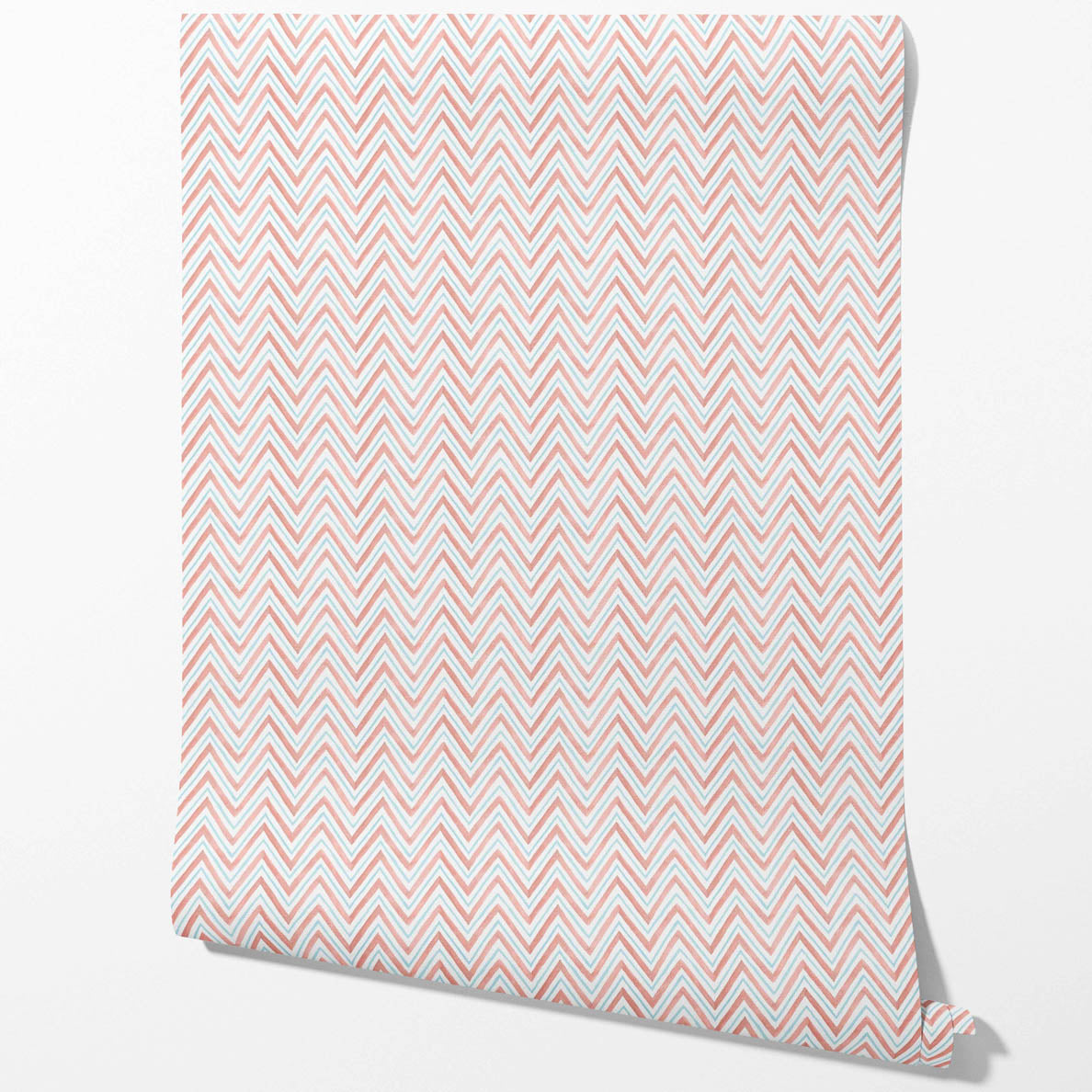 Geometric Zigzag/ Chevron Traditional Wallpaper (Coral Pink/ Blue)