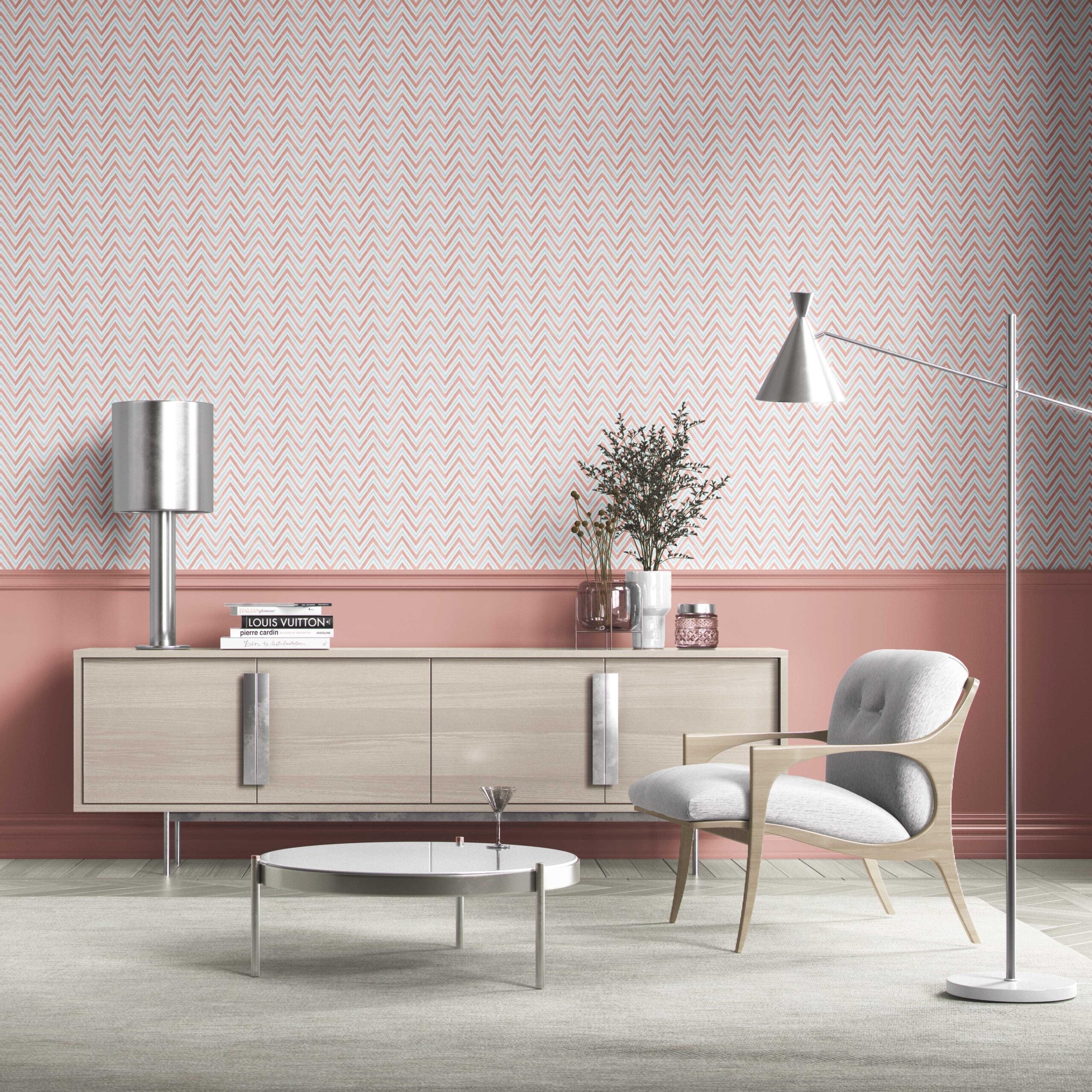 Geometric Zigzag/ Chevron Bathroom Wallpaper (Coral Pink/ Blue)