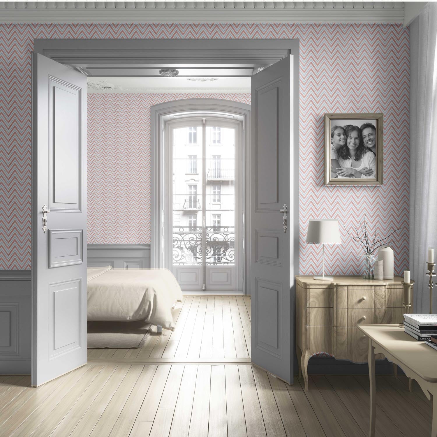 Geometric Zigzag/ Chevron Living Room Wallpaper (Coral Pink/ Blue)