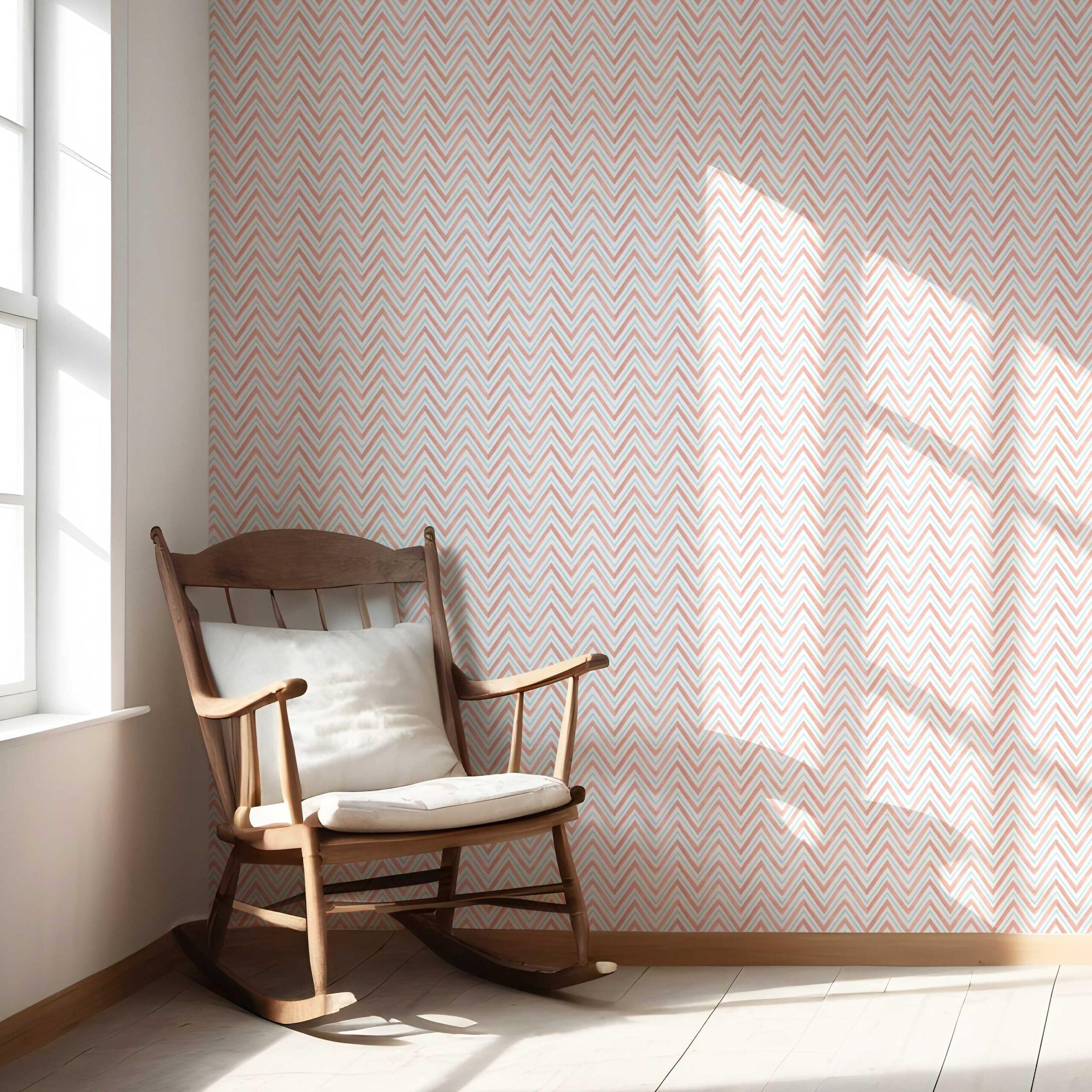 Geometric Zigzag/ Chevron Nursery Wallpaper (Coral Pink/ Blue)