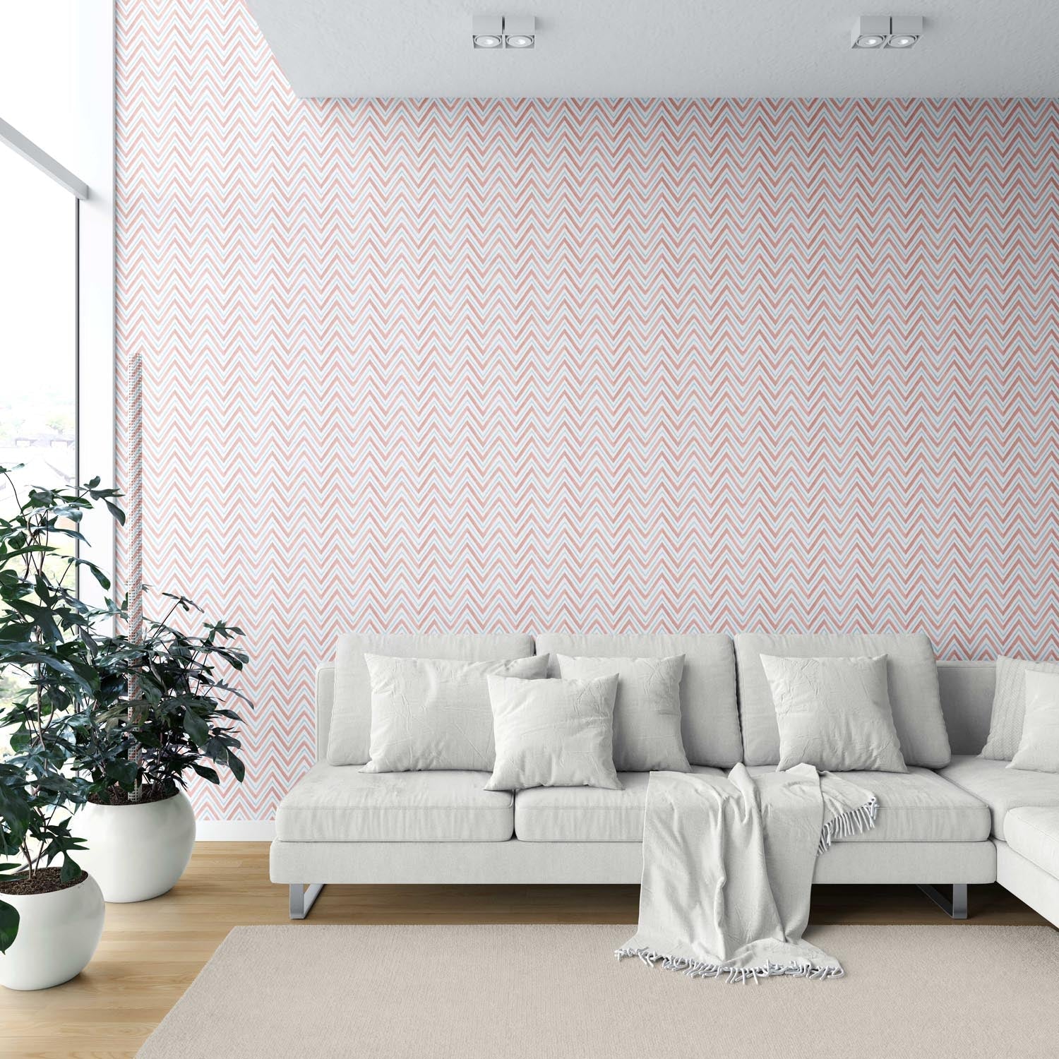 Geometric Zigzag/ Chevron Shower Toilet Wallpaper (Coral Pink/ Blue)