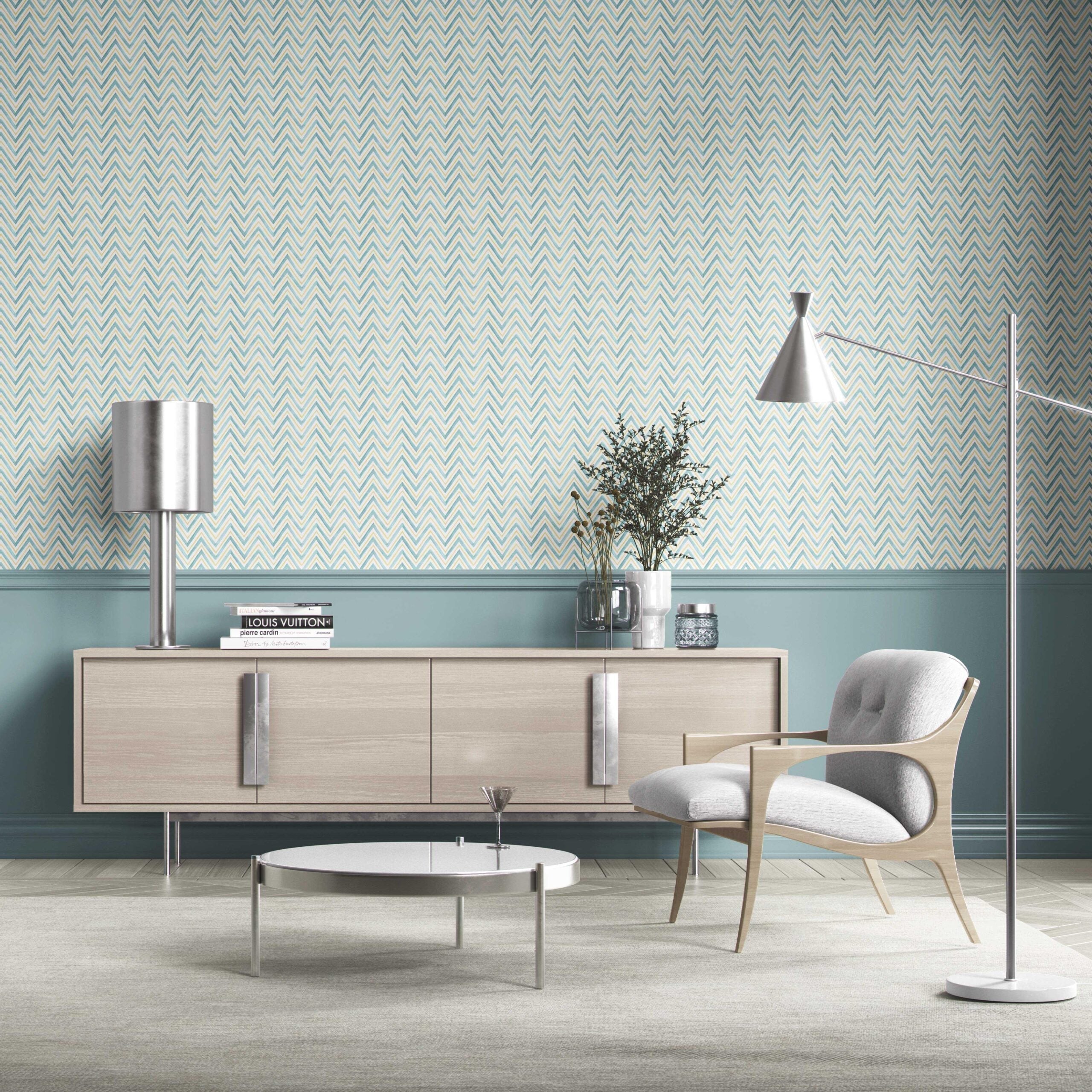 Geometric Zigzag/ Chevron Bathroom Wallpaper (Blue/ Yellow)