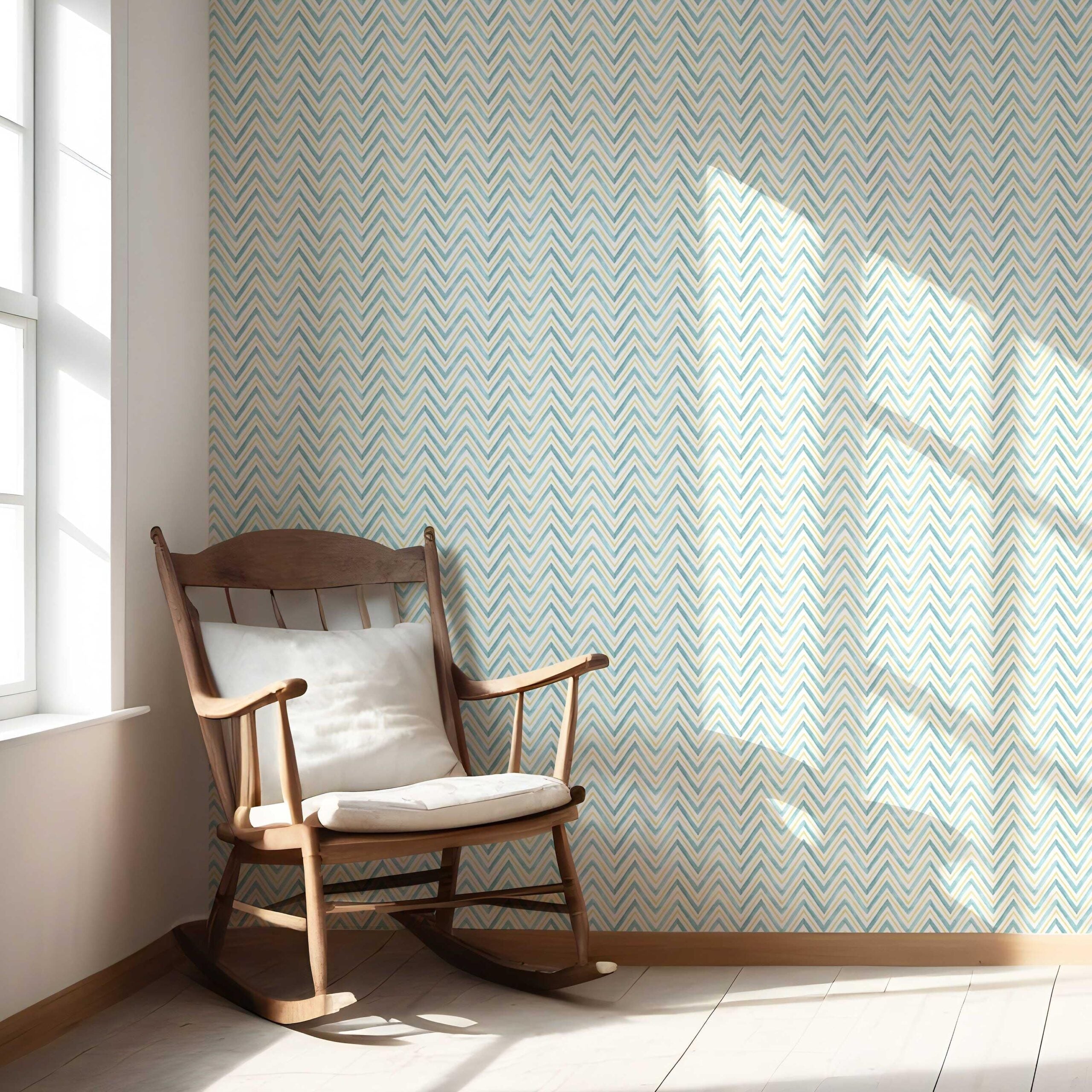 Geometric Zigzag/ Chevron Nursery Wallpaper (Blue/ Yellow)