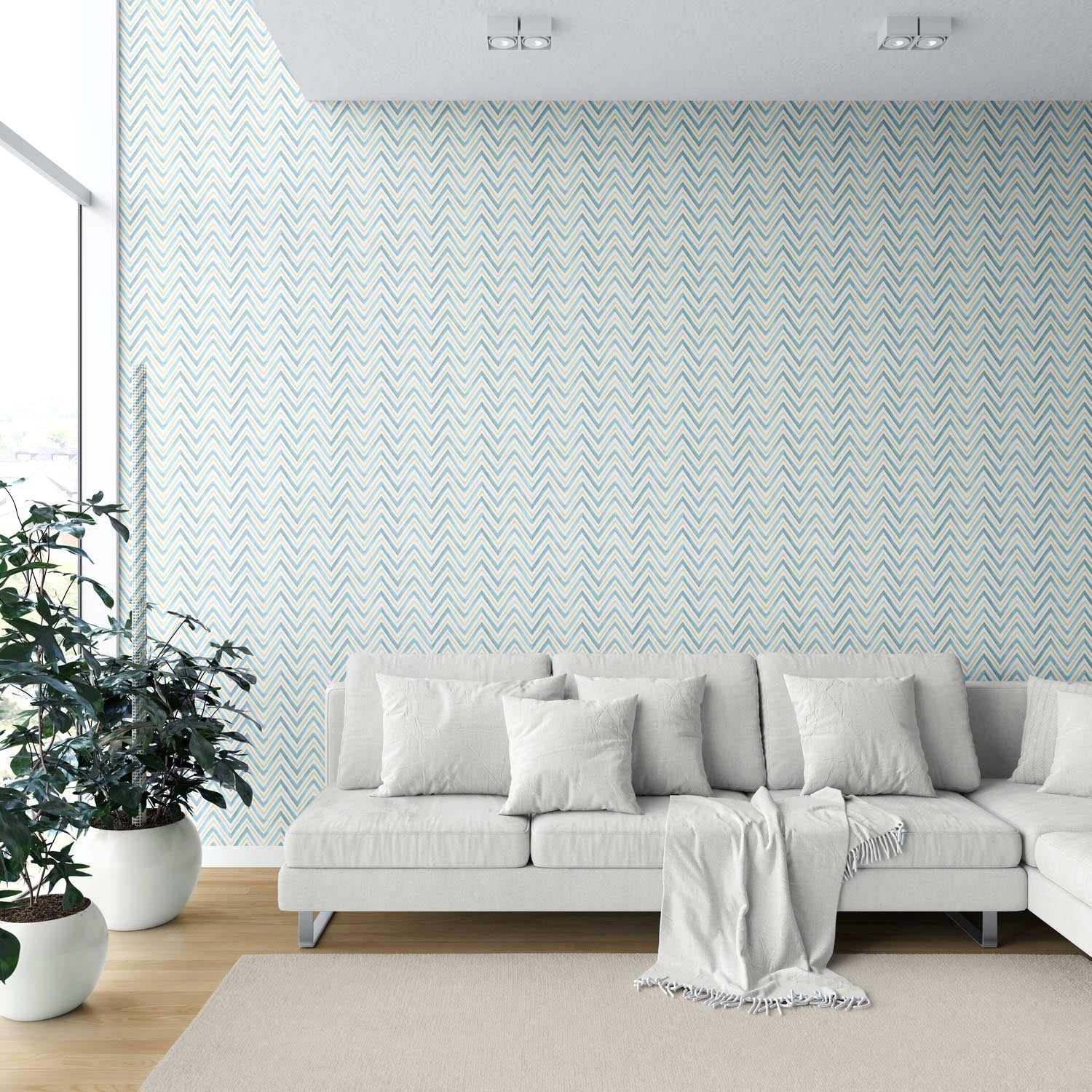 Geometric Zigzag/ Chevron Shower Toilet Wallpaper (Blue/ Yellow)