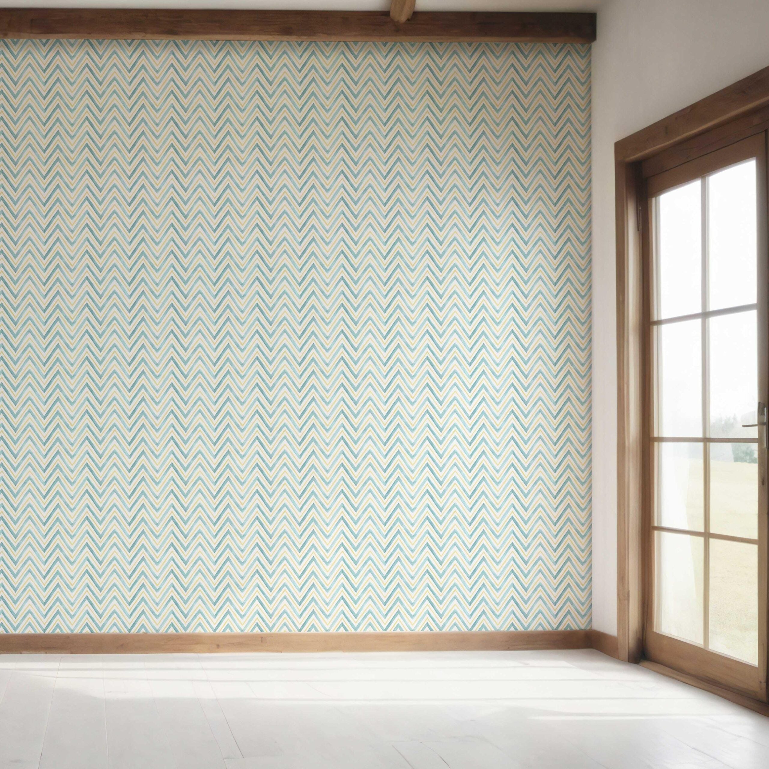 Geometric Zigzag/ Chevron Bedroom Wallpaper (Blue/ Yellow)
