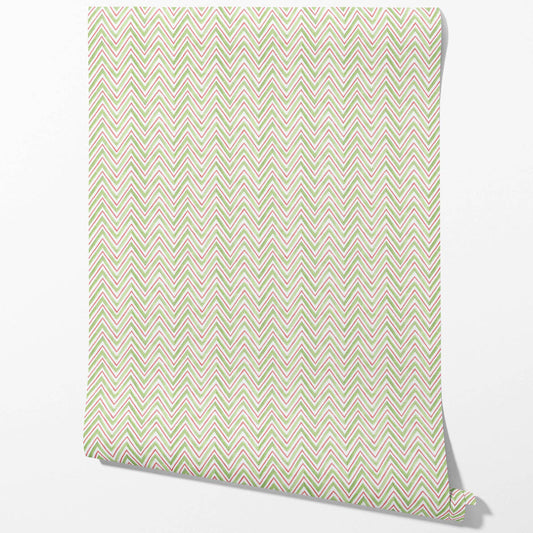 Geometric Zigzag/ Chevron Traditional Wallpaper (Green/ Pink)