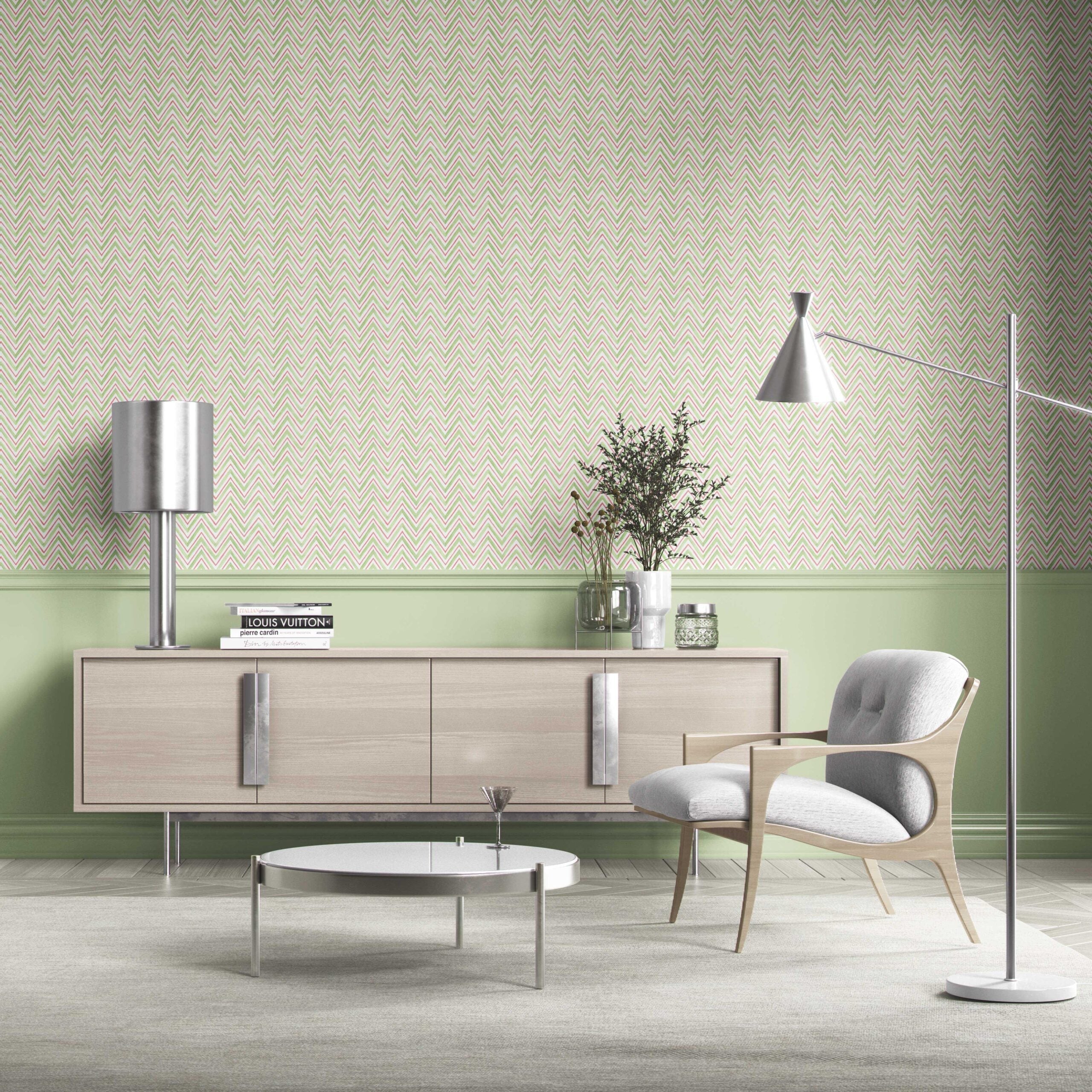 Geometric Zigzag/ Chevron Bathroom Wallpaper Sample (Green/ Pink)
