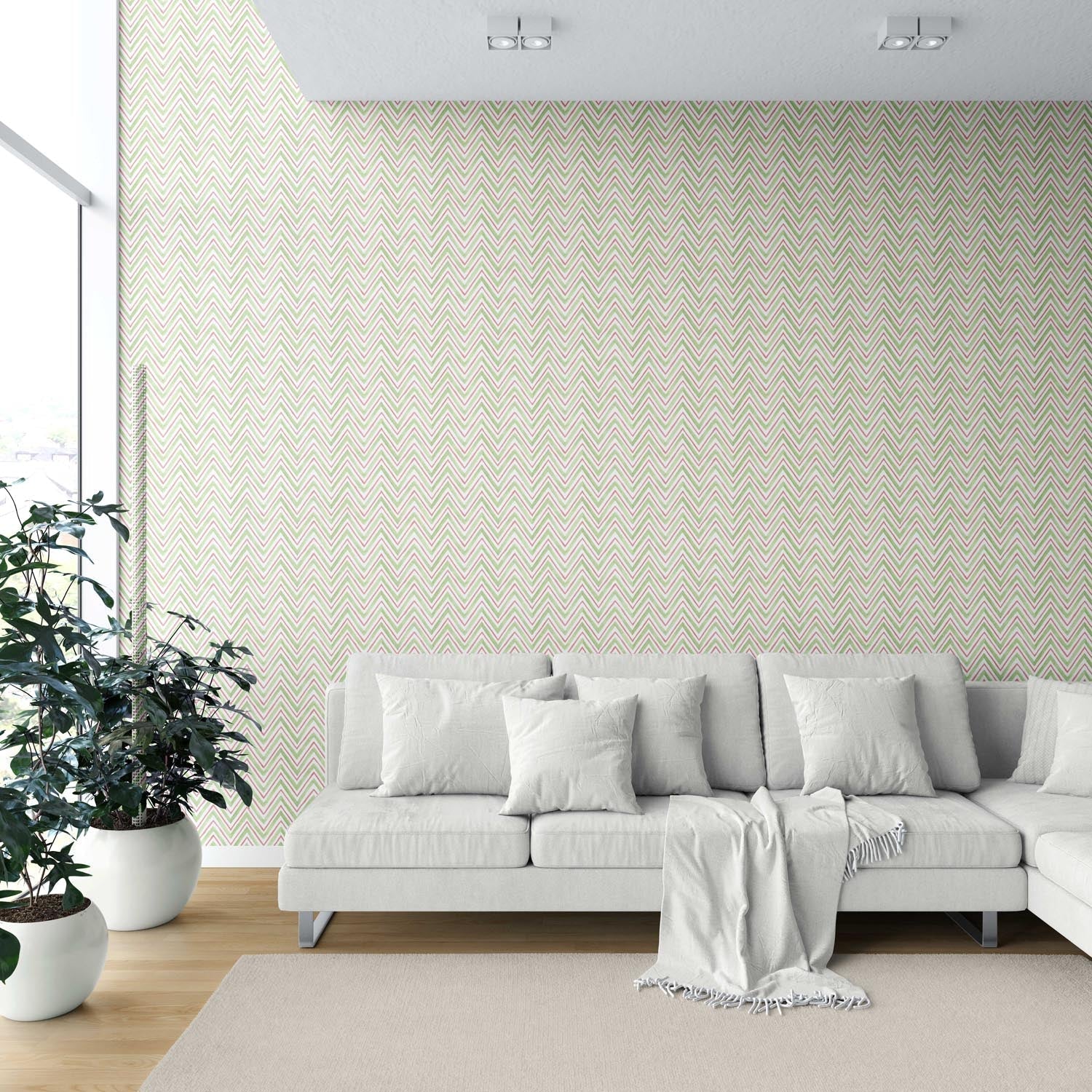 Geometric Zigzag/ Chevron Shower Toilet Wallpaper Sample (Green/ Pink)