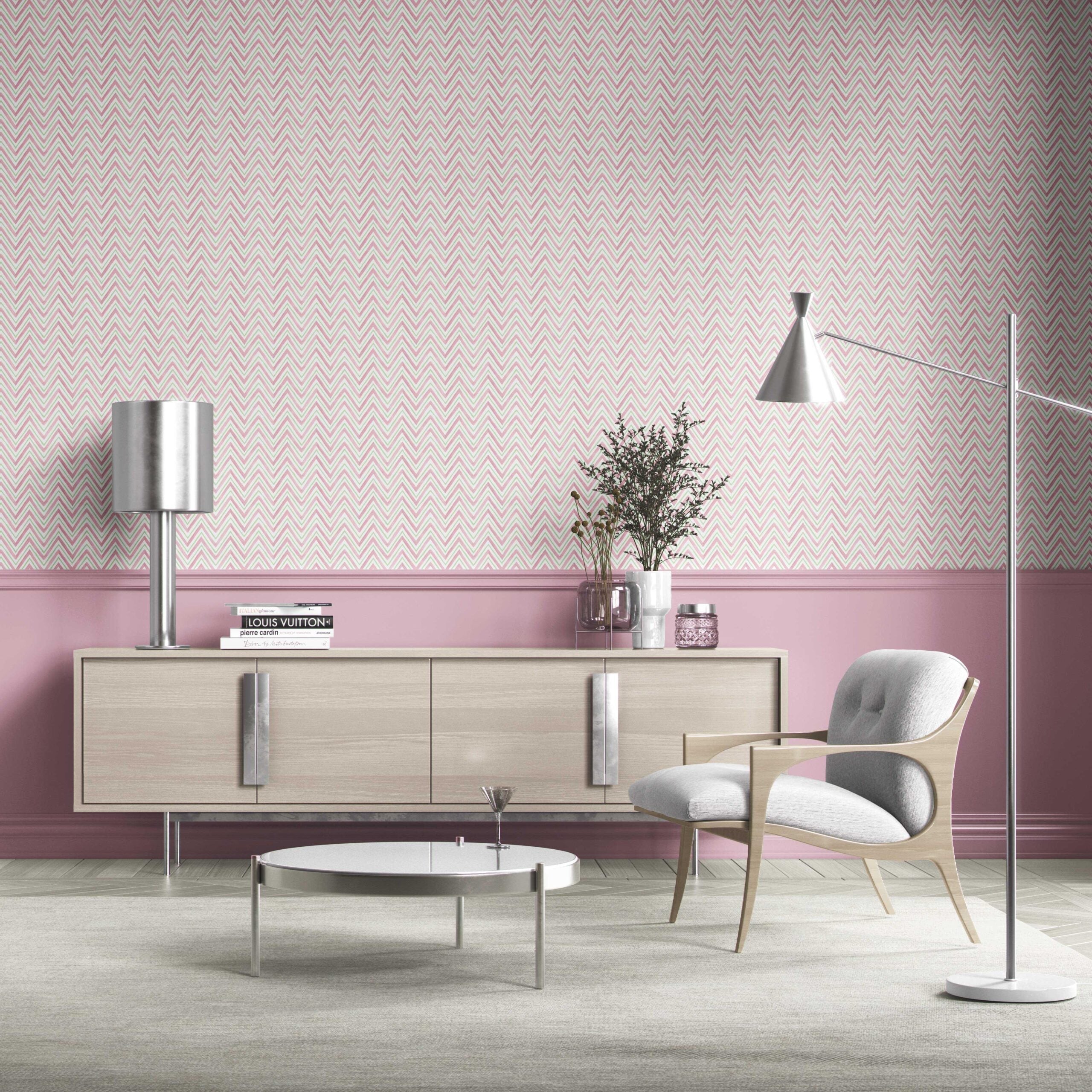 Geometric Zigzag/ Chevron Bathroom Wallpaper (Soft Pink/ Green)