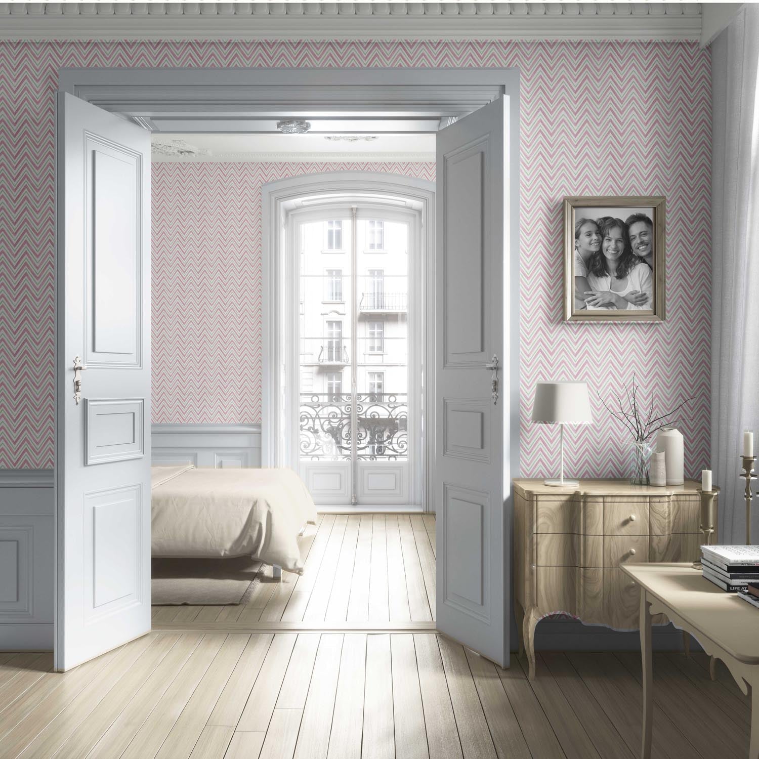 Geometric Zigzag/ Chevron Living Room Wallpaper Sample (Soft Pink/ Green)