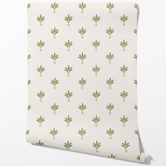 Vintage-Inspired Floral Block Print Traditional Wallpaper (White/ Green/ Pink)