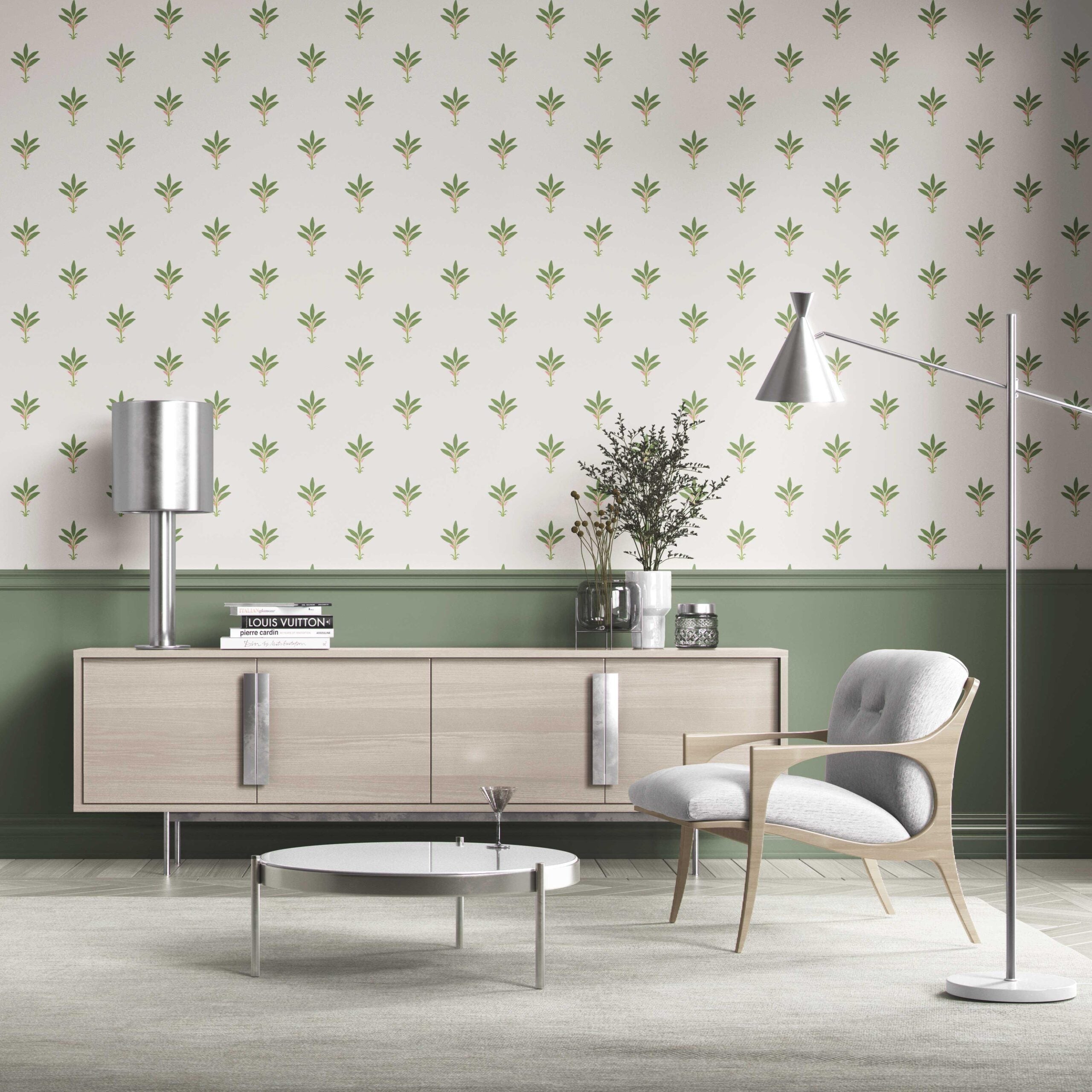 Vintage-Inspired Floral Block Print Kitchen Wallpaper Sample (White/ Green/ Pink)