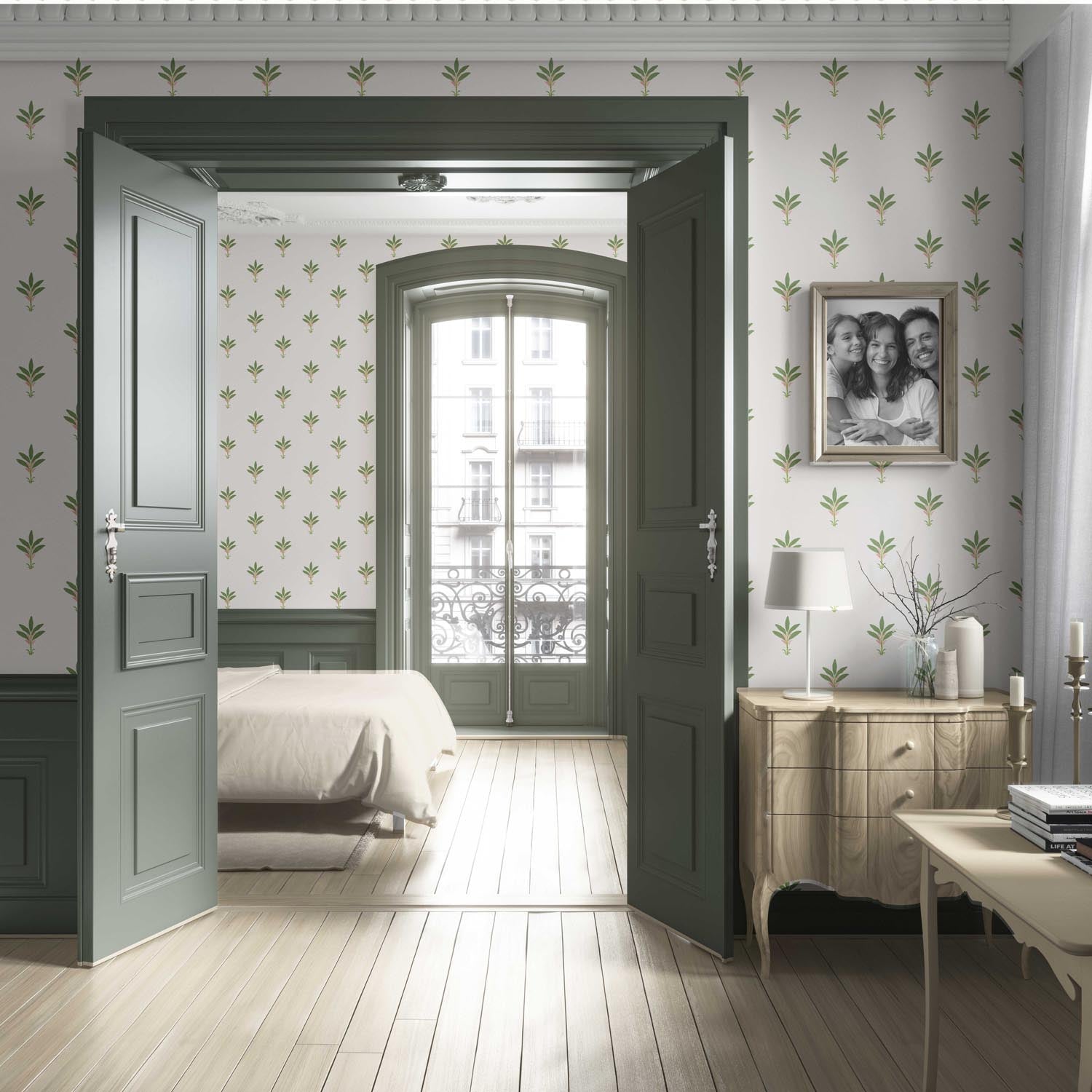 Vintage-Inspired Floral Block Print Living Room Wallpaper Sample (White/ Green/ Pink)