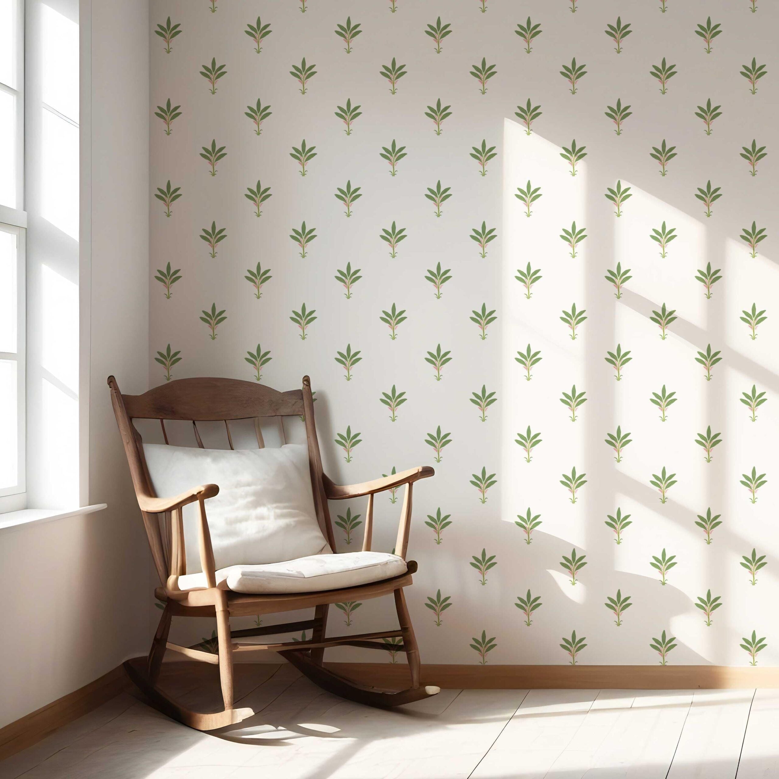 Vintage-Inspired Floral Block Print Nursery Wallpaper Sample (White/ Green/ Pink)