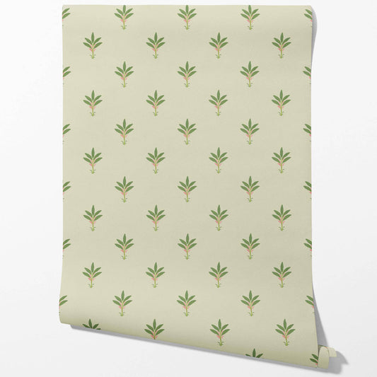 Vintage-Inspired Floral Block Print Traditional Wallpaper (Olive Green)