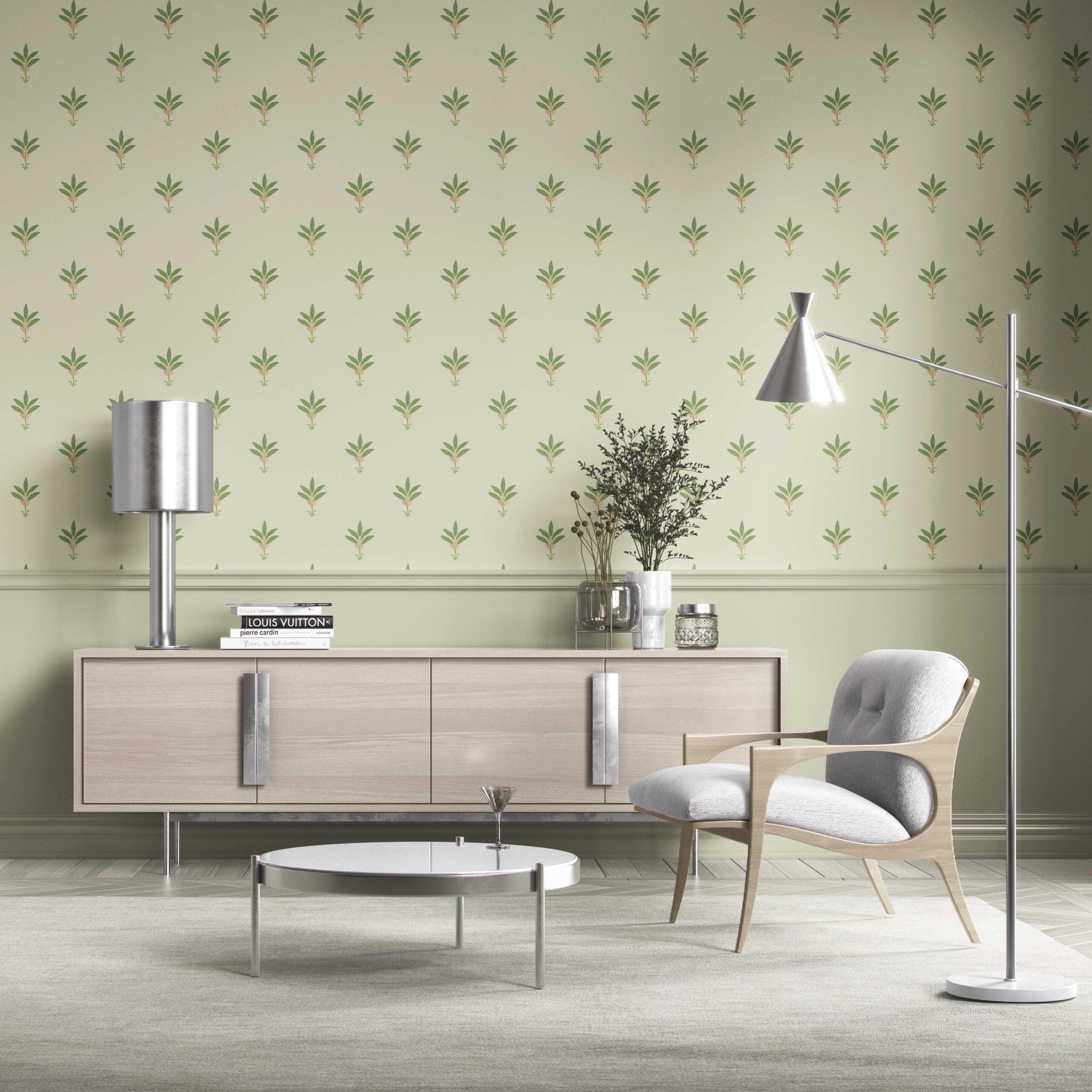 Vintage-Inspired Floral Block Print Kitchen Wallpaper Sample (Olive Green)